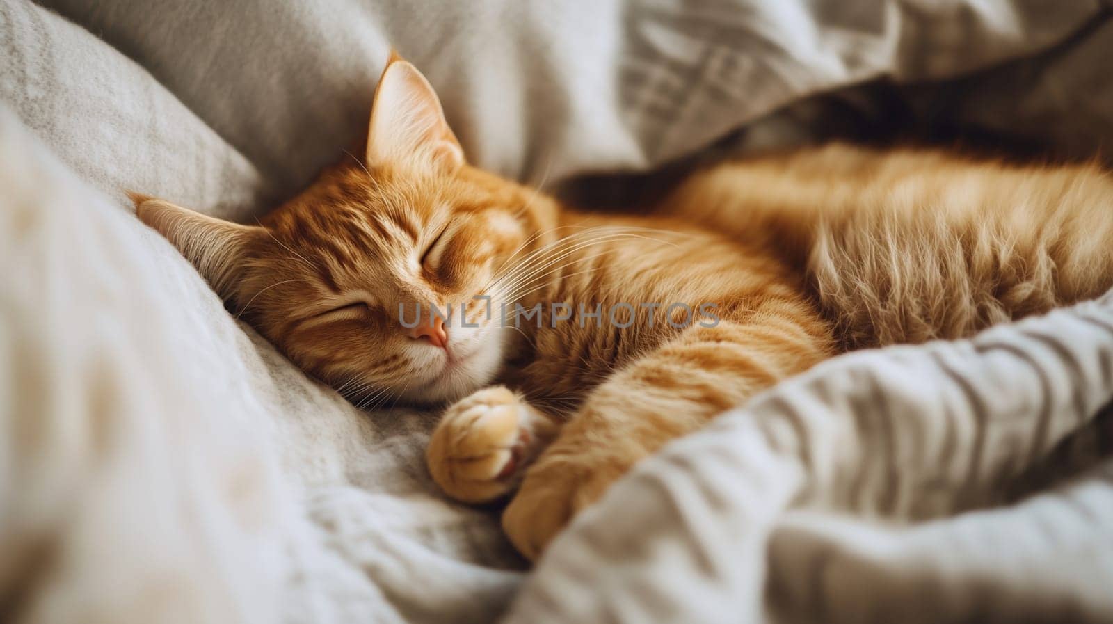 Domestic young tabby ginger cat sleeps sweetly on the sofa in the living room at home
