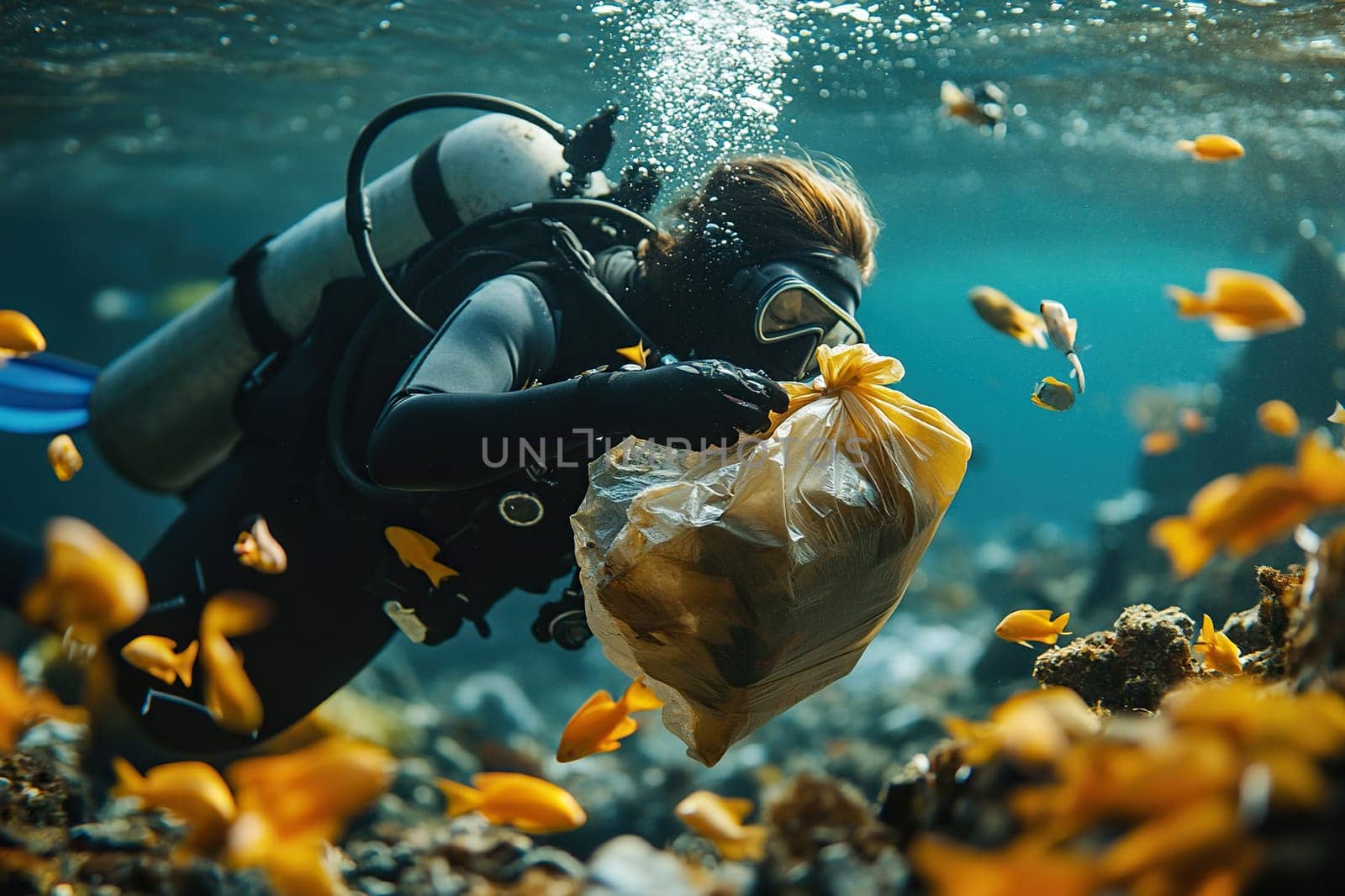 A scuba diver collects trash underwater surrounded by fish.
