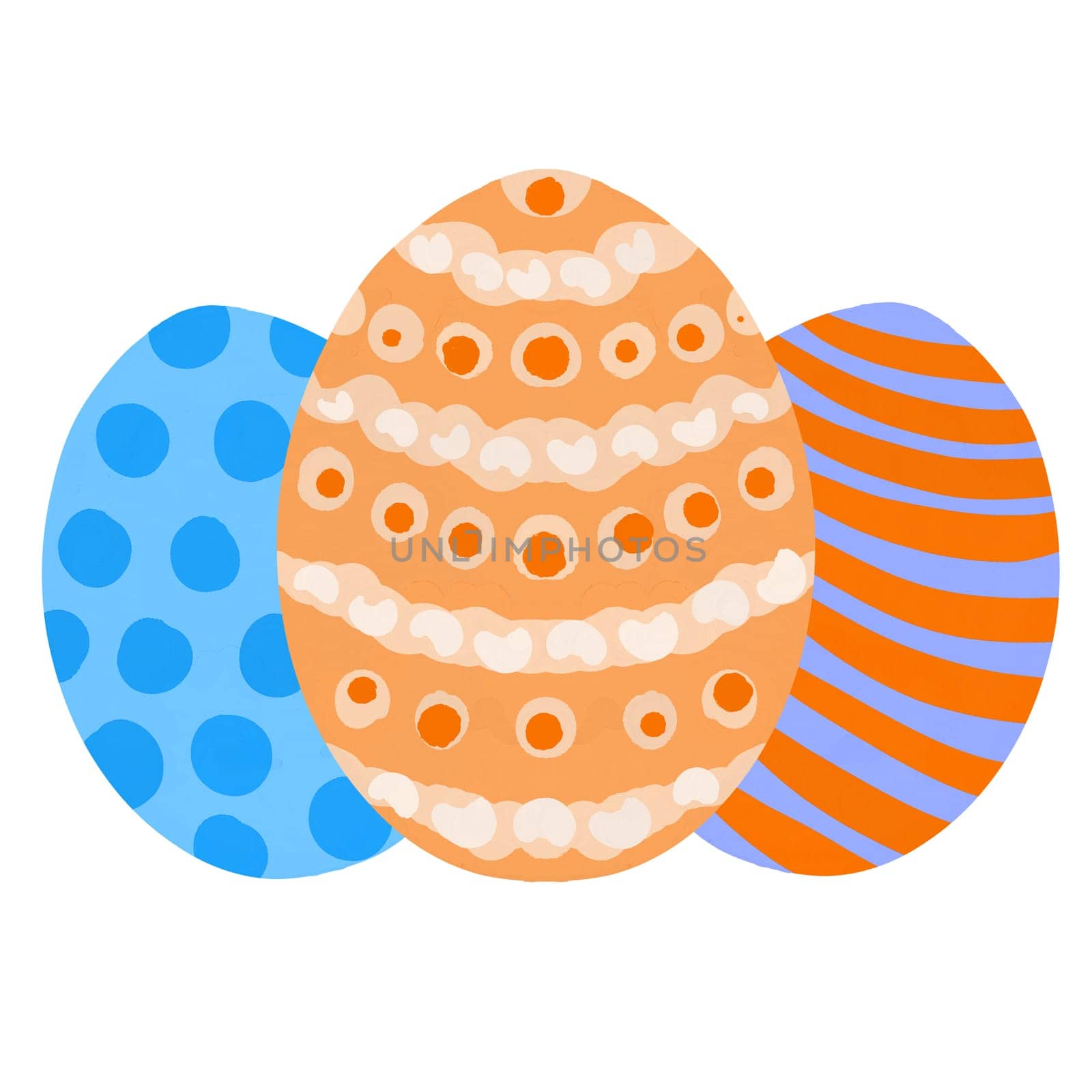 hand drawn happy easter eggs of blue orange color with stripe polka dot ornament. Colored religious Christian symbols for cards design celebration banner, simple minimalist design for spring holiday art