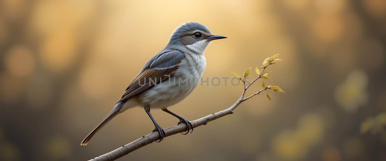 A solitary bird perches on a slender branch, the golden hues of autumn painting the backdrop. The soft light kisses its delicate feathers, whispering secrets of tranquility and introspection amidst the changing seasons. A moment of serene reflection embraces the quiet beauty of nature's gentle silence.