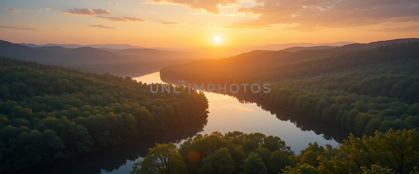Golden rays paint serene waters amidst lush hills, whispering peace as day bids farewell. Tranquility reigns in nature's quiet embrace.