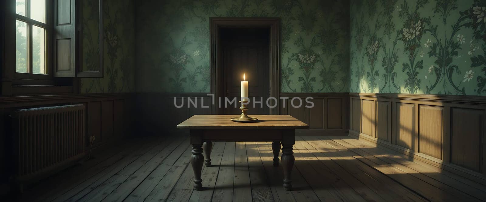 A solitary candle flickers in a silent, shadowy room. Antique walls whisper secrets, while golden light dances on aged wood. Loneliness lingers, but so does quiet peace.
