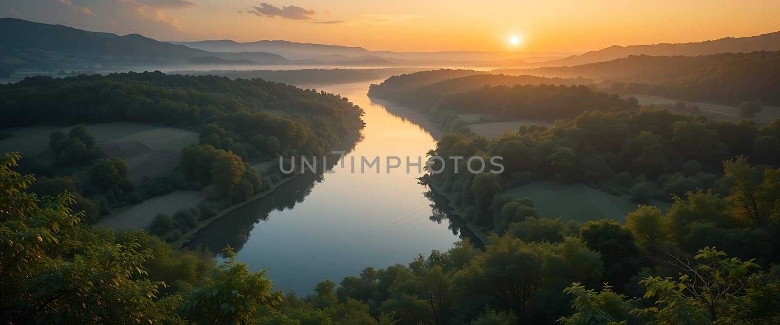 Golden sunbeams kiss the misty landscape, as the river winds gently through lush hills. Serenity and warmth envelop the soul, whispering of peaceful beginnings.
