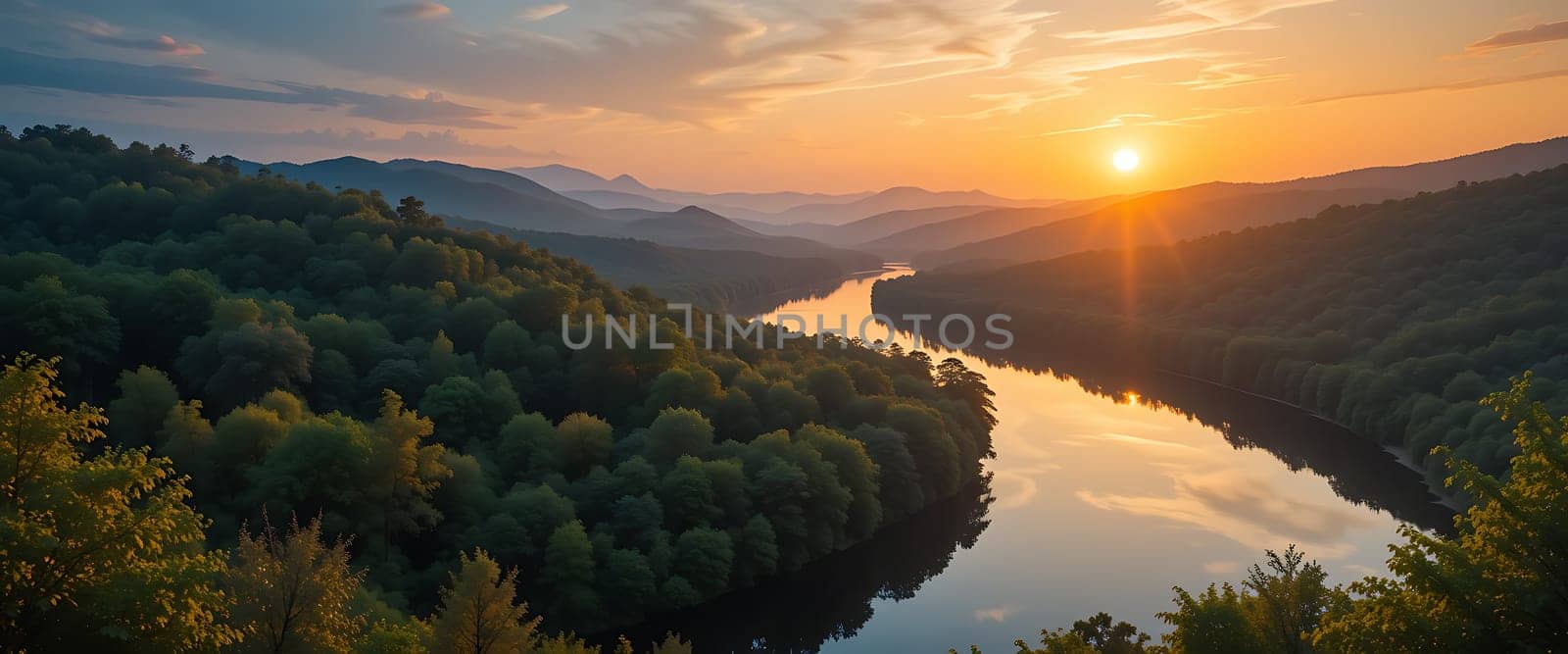 Golden rays kiss the horizon, painting the sky in hues of hope. A serene river whispers secrets to the dense, emerald forest. Tranquility and wonder intertwine as sunset illuminates a sacred, fleeting moment.
