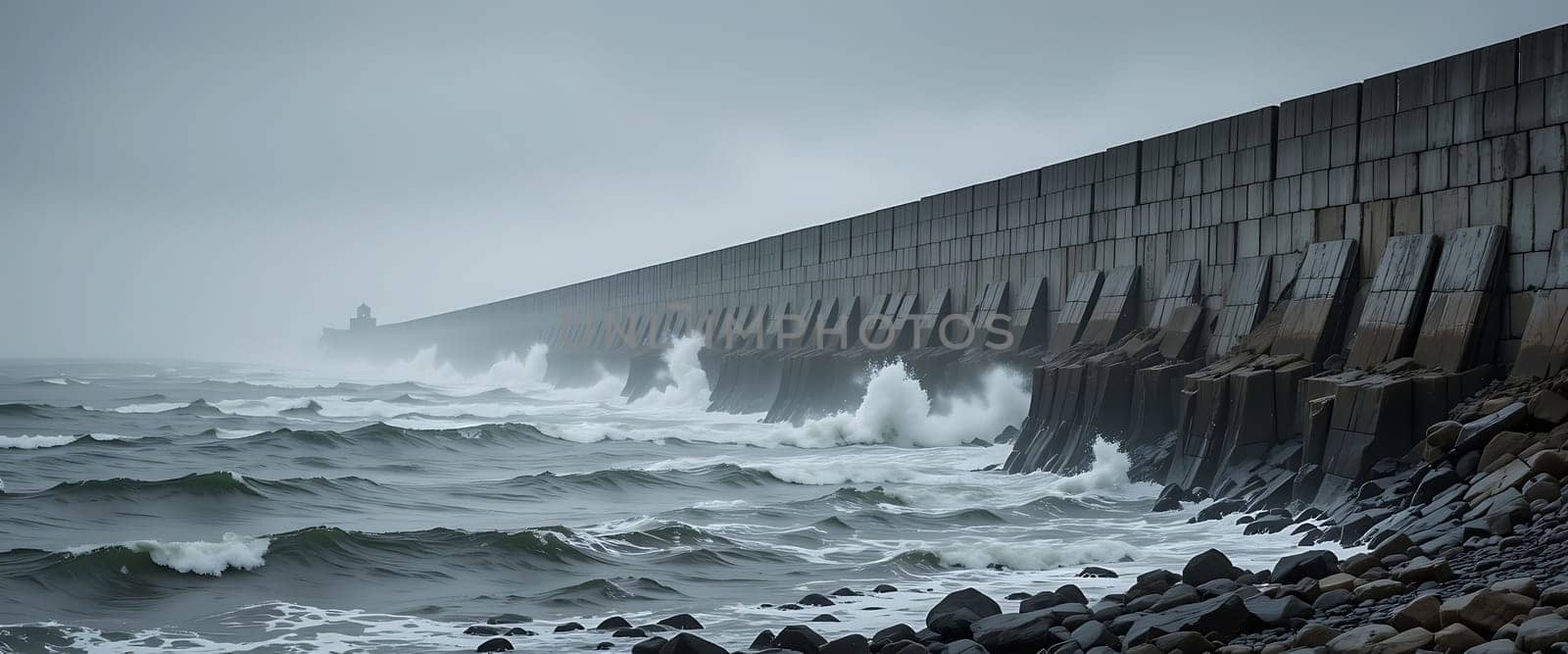 Waves crash against the fortress-like wall, their misty spray dancing in the chilled air. The sea's relentless power meets the stoic barrier, evoking a sense of enduring strength amidst chaos. The muted colors and overcast sky deepen the feeling of quiet resilience, where nature's fury is met with unyielding calm.