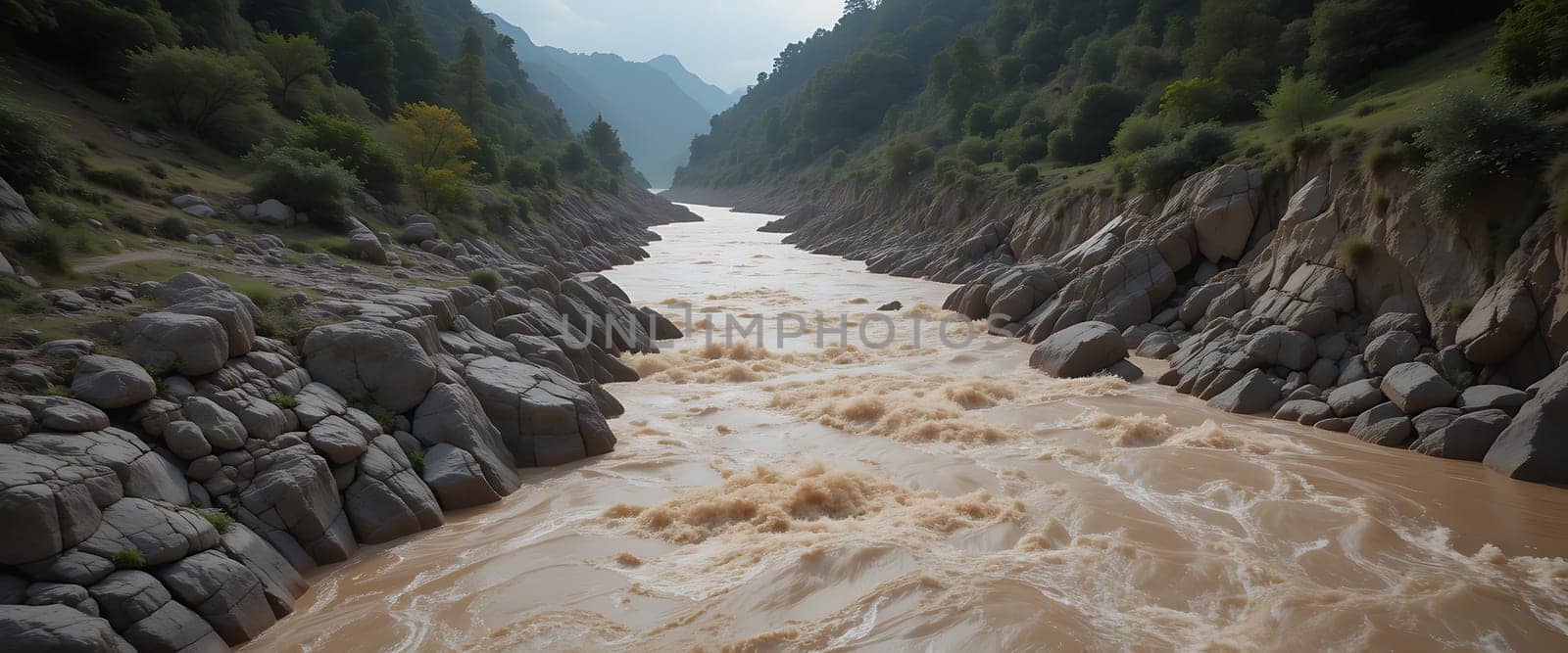 Turbulent waters roar through a narrow gorge, echoing the raw power of nature. Mist rises, mingling with the somber skies. Towering rocks and dense foliage frame the relentless flood, evoking a sense of awe and vulnerability amidst the wilderness.