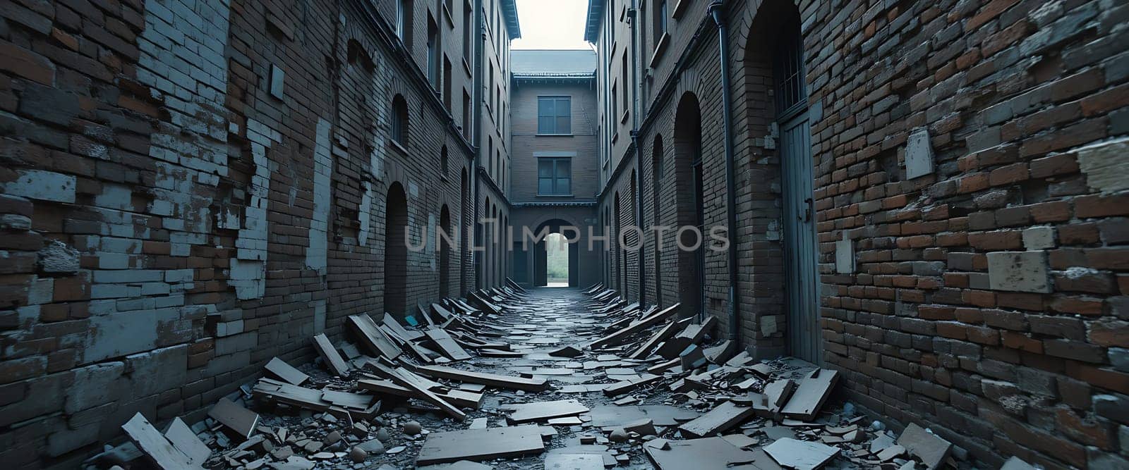 A shattered corridor of time, silence screams through crumbling walls, echoing forgotten whispers. Ruinâ€™s cold embrace, hope fades in shadows.