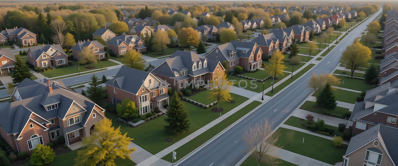Golden sunlight bathes a tranquil neighborhood, trees whispering secrets. Homes nestle, sharing warmth. Peaceful mornings, lifeâ€™s quiet grace.