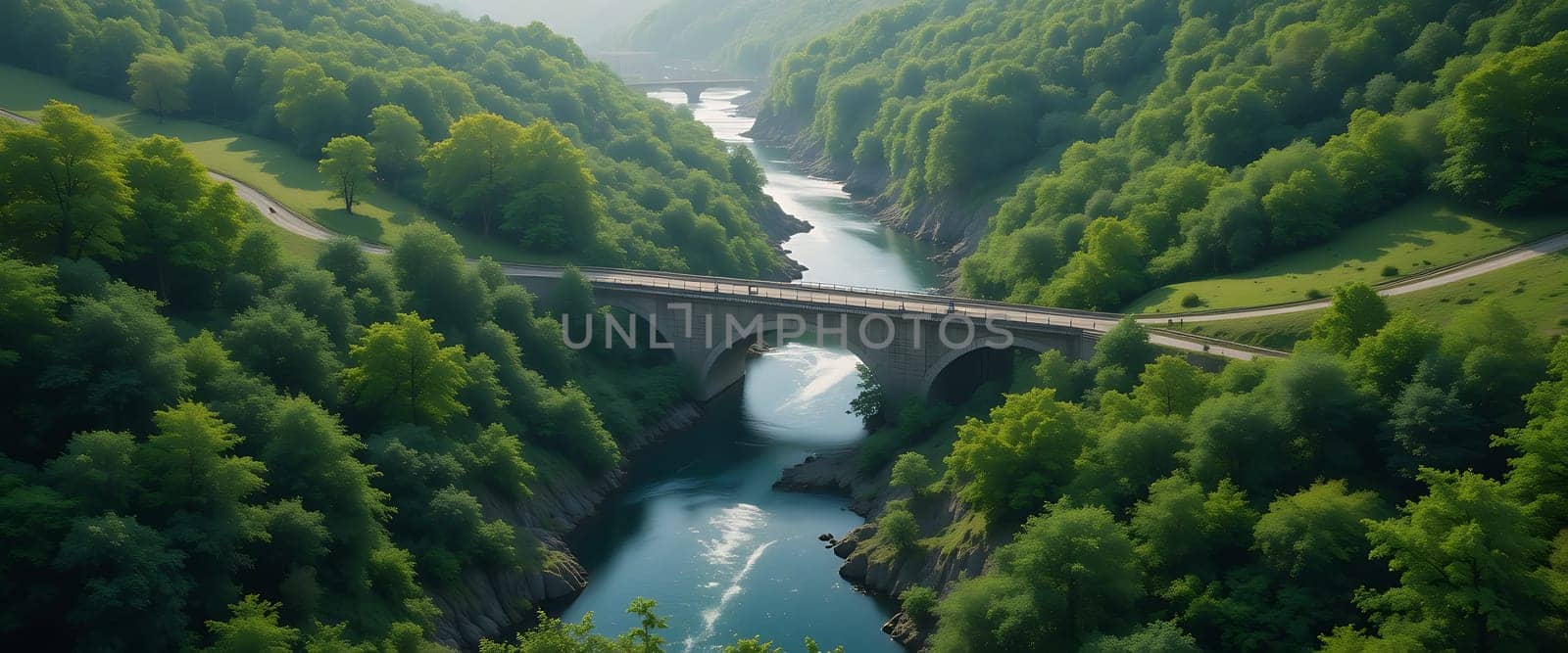 A tranquil symphony of greenery cradles the winding river. Misty light softly kisses the arched bridge, evoking serene solitude, as if nature whispers secrets to the silent forest.