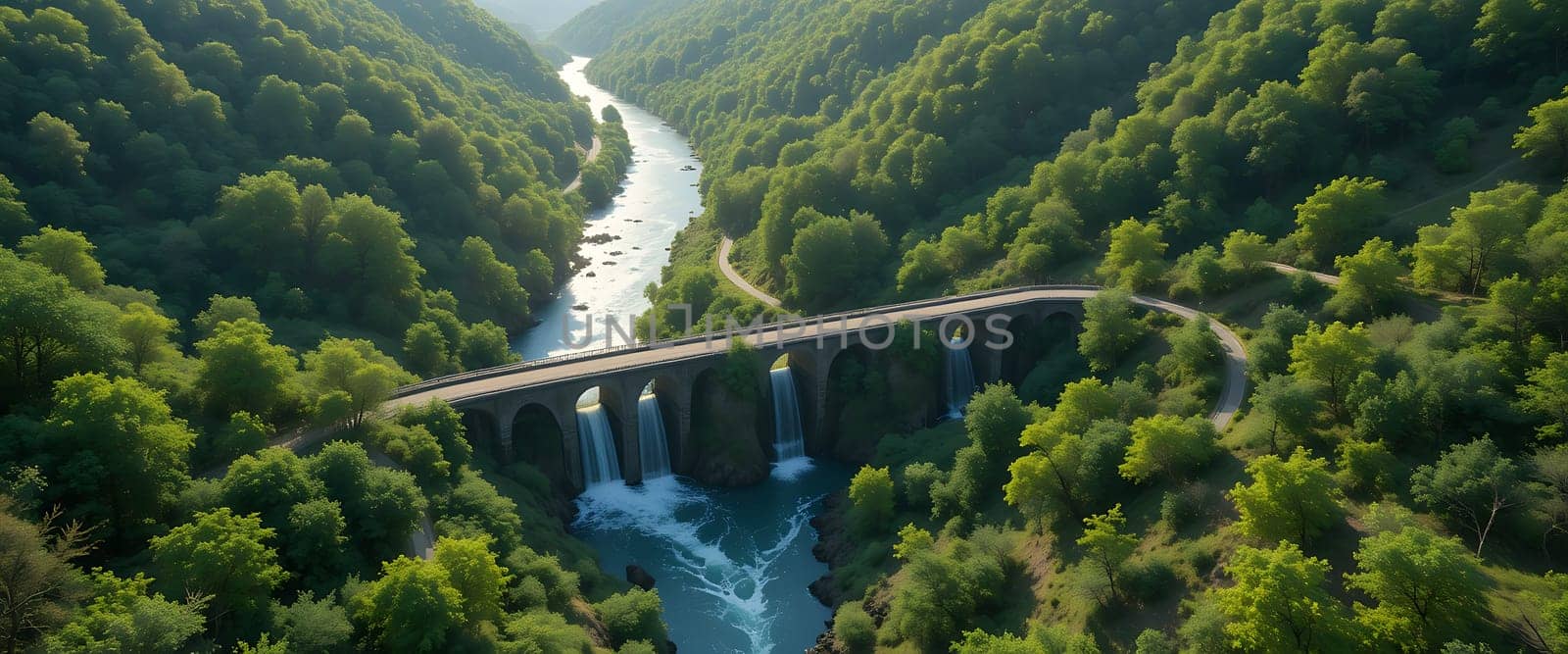 Serenity flows through lush, whispering forests as sunlight dances over gentle waters, embracing the stone bridge in tranquil harmony.