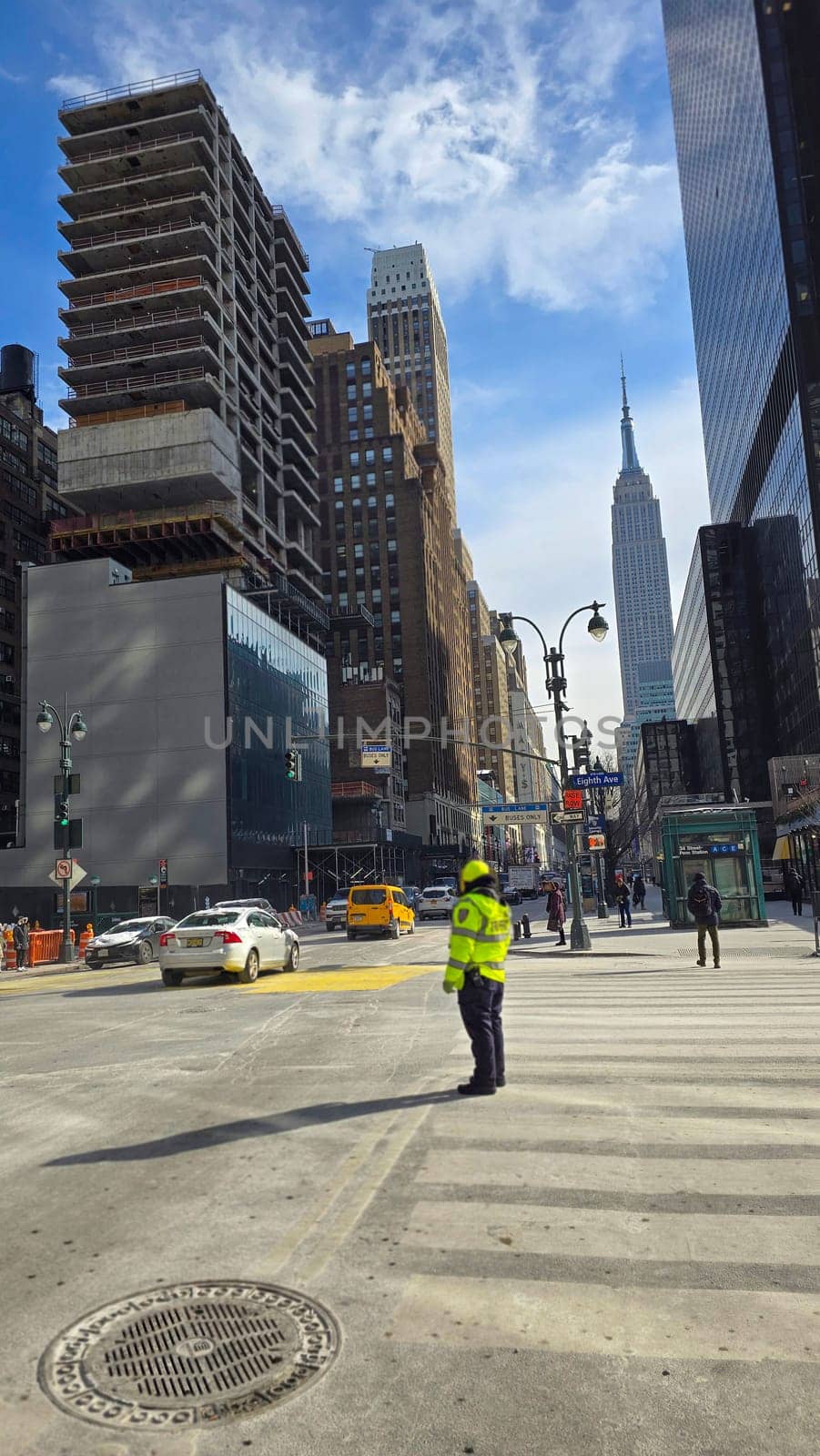 City skyline featuring modern and classic architecture, with prominent skyscrapers and urban buildings with colorful bright colors, capturing the essence of metropolitan life and architectural diversity.