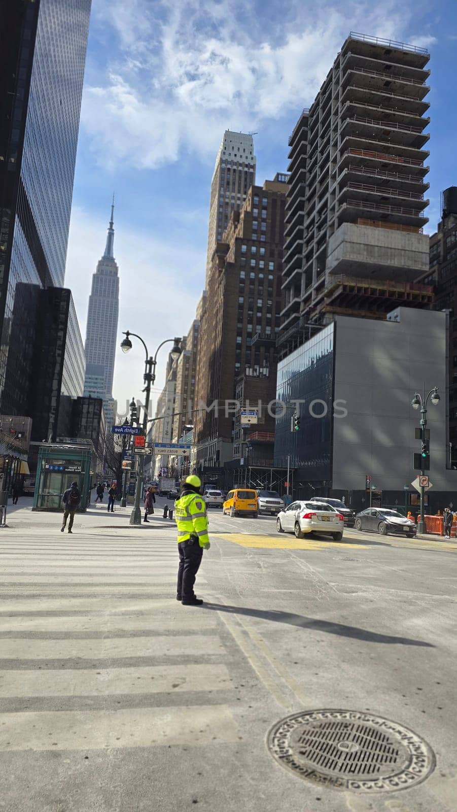 City skyline featuring modern and classic architecture, with prominent skyscrapers and urban buildings with colorful bright colors, capturing the essence of metropolitan life and architectural diversity.