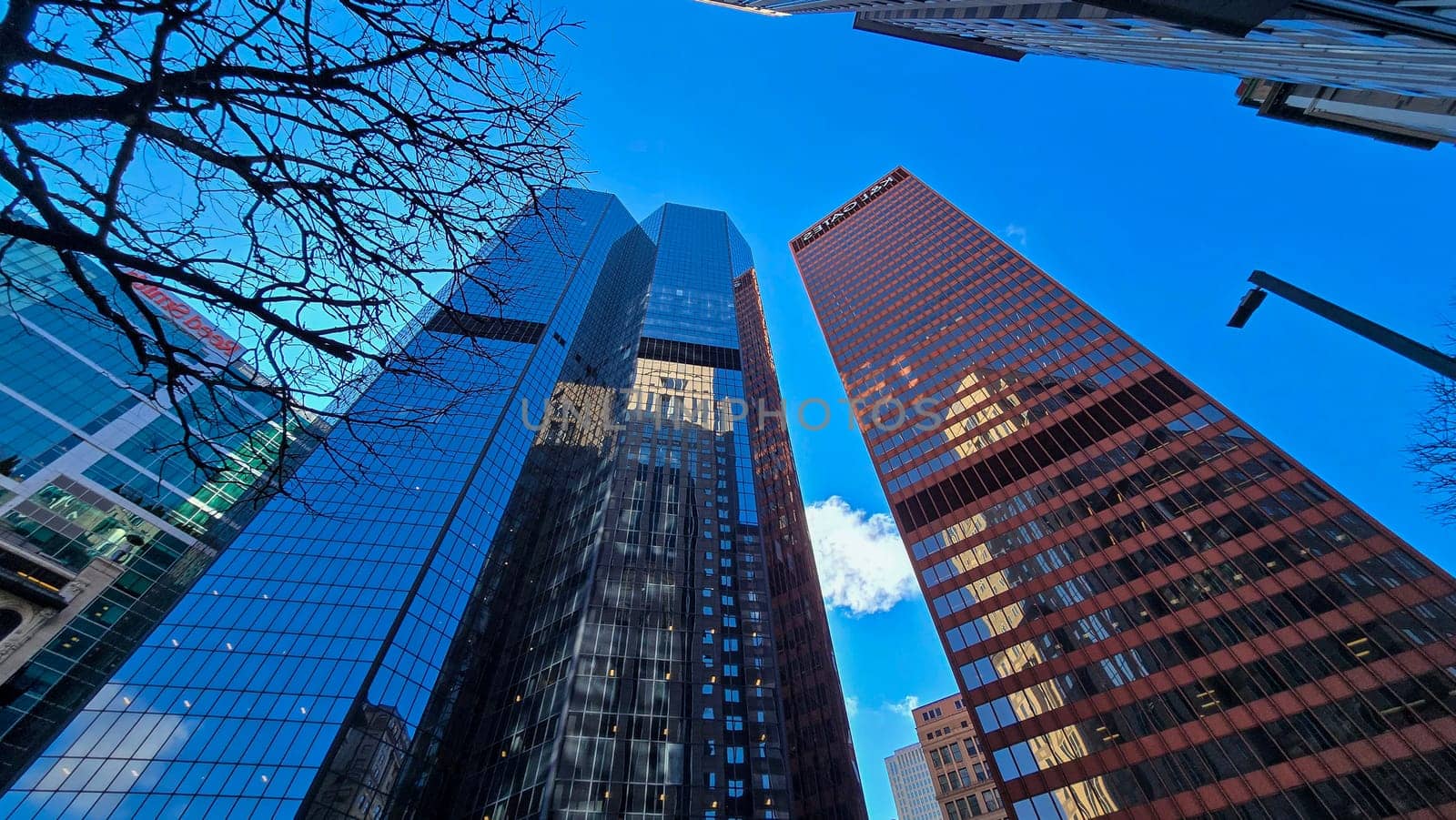 City skyline featuring modern and classic architecture, with prominent skyscrapers and urban buildings with colorful bright colors, capturing the essence of metropolitan life and architectural diversity.