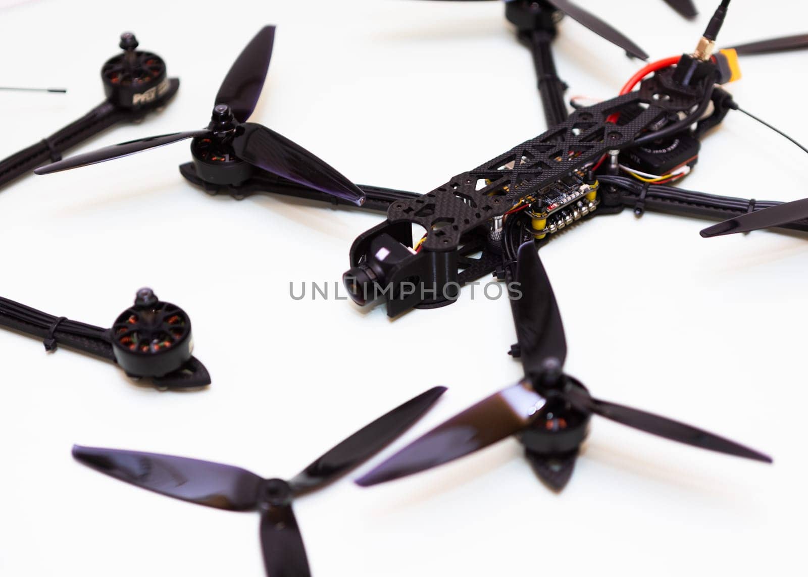 FPV drone in production on white background
