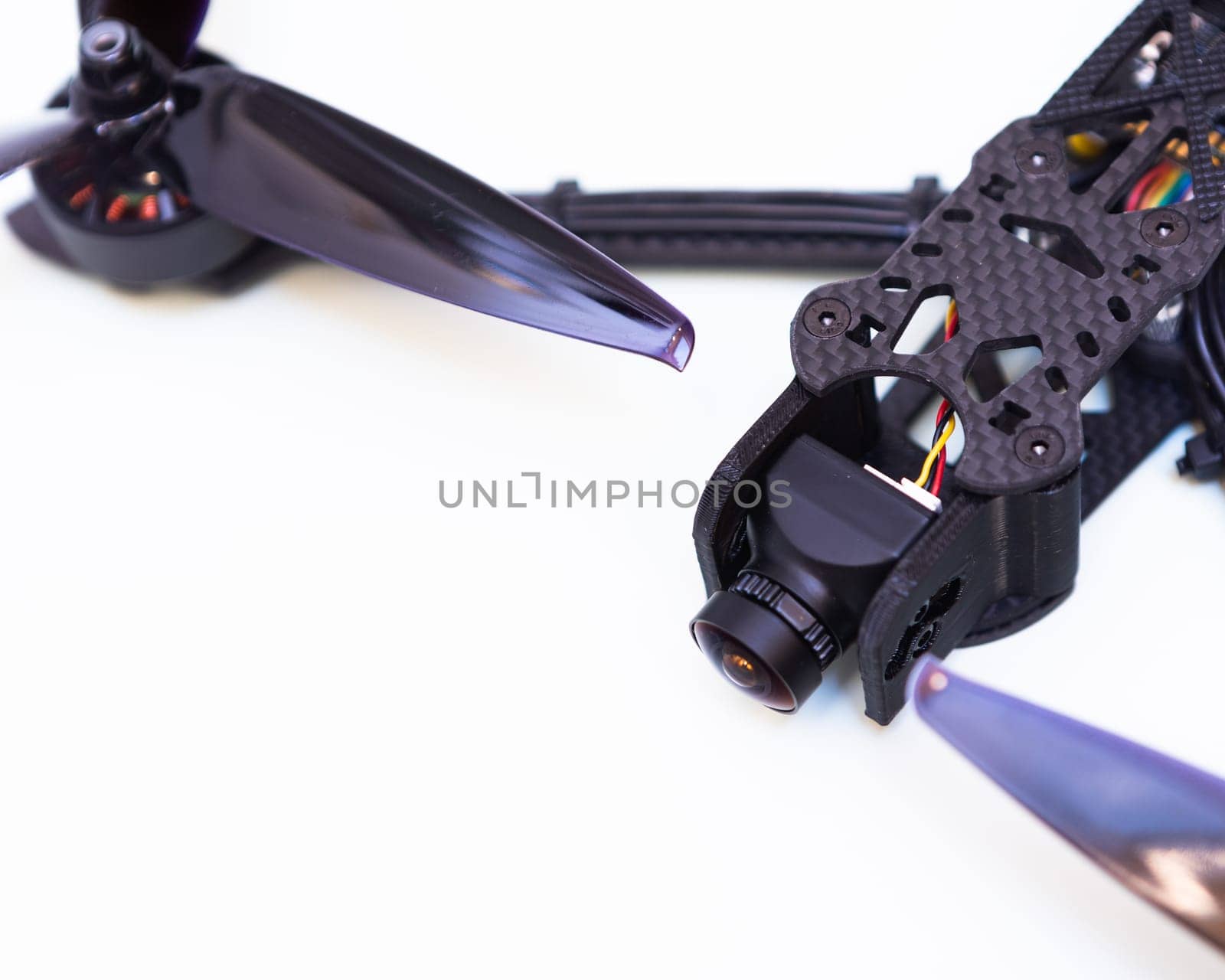 FPV drone in production on white background