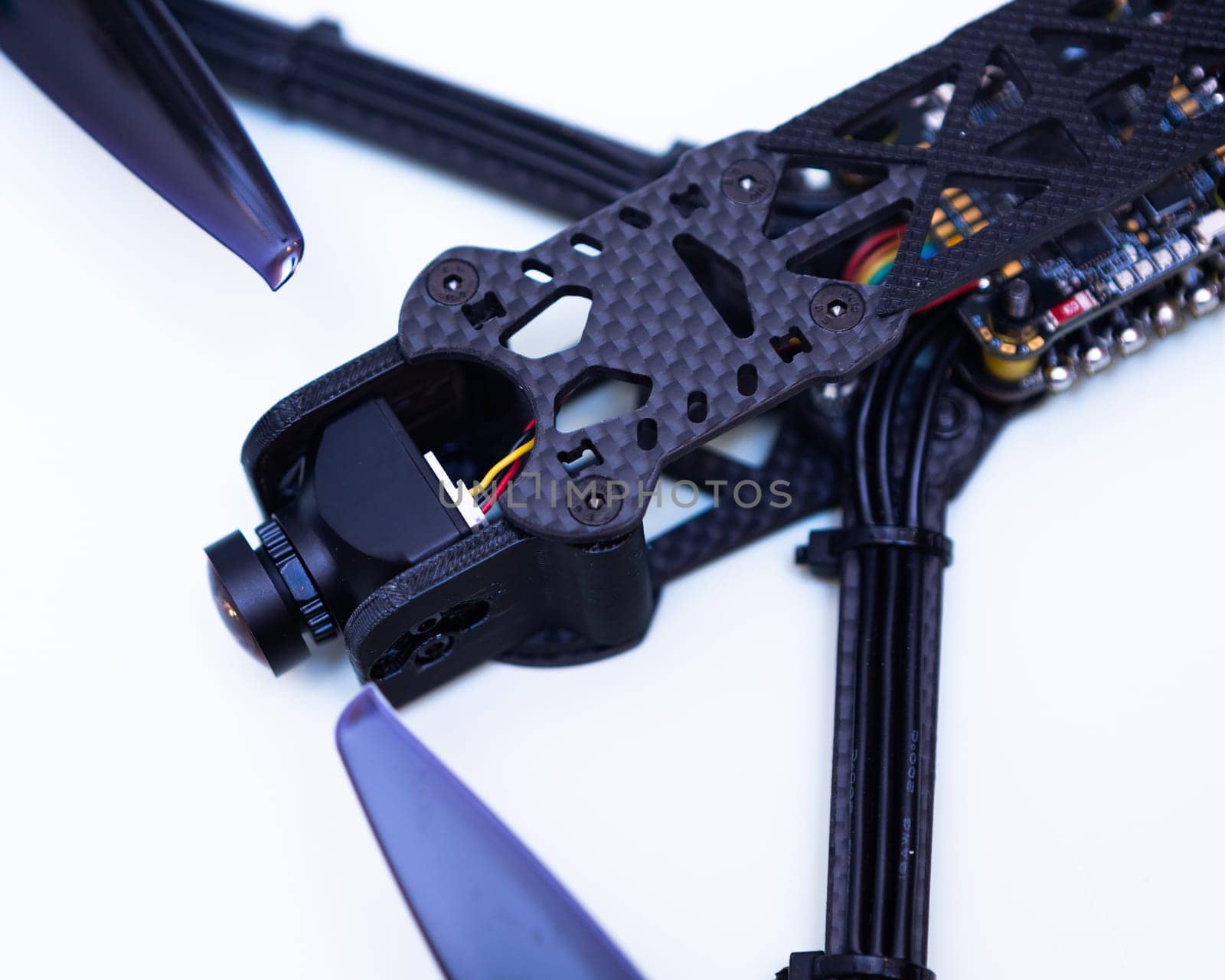FPV drone in production on white background