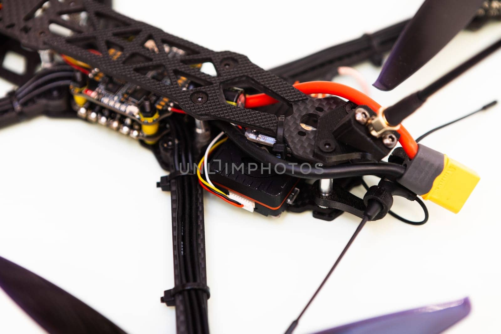 FPV drone in production on white background