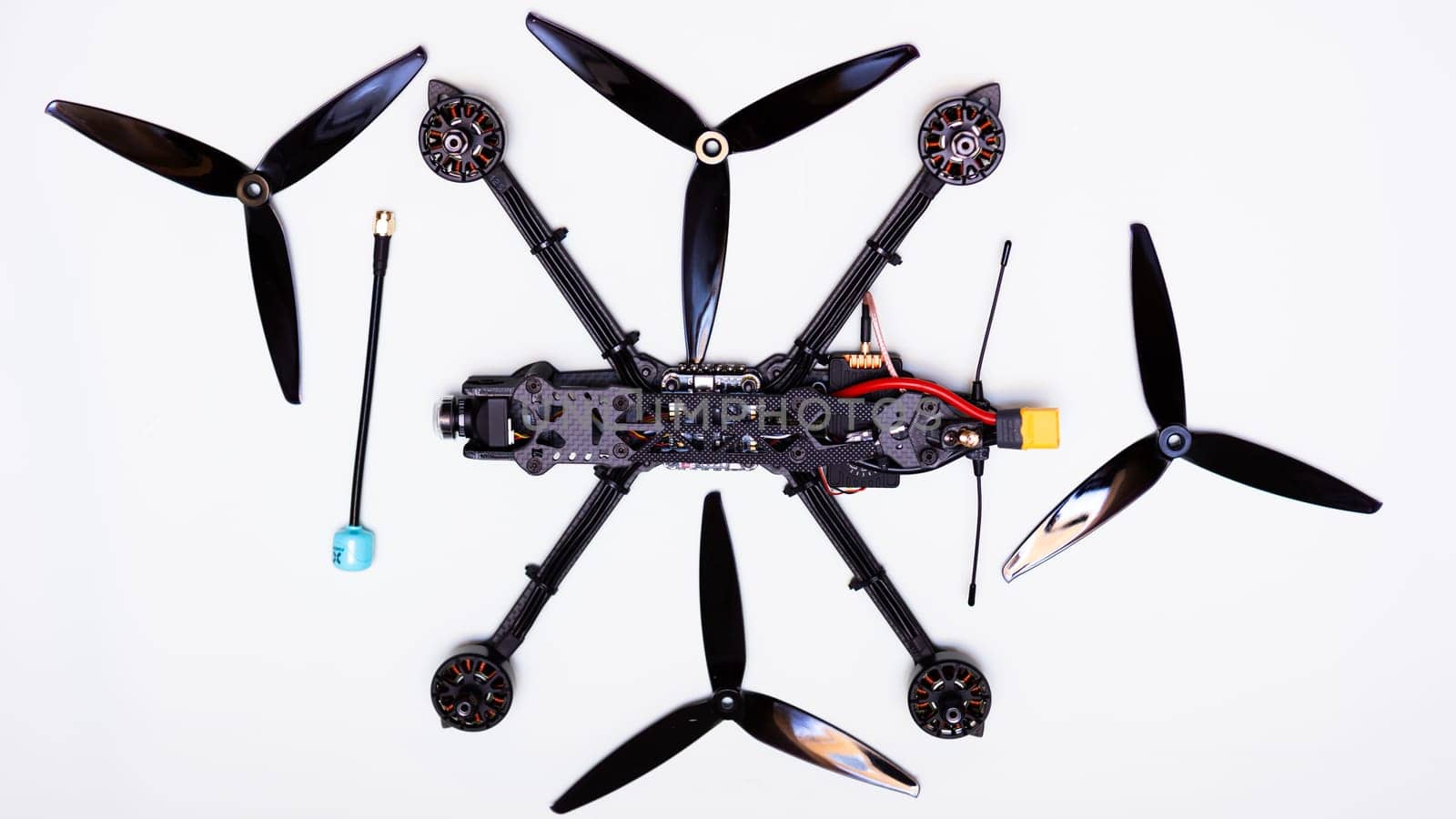 FPV drone in production on white background