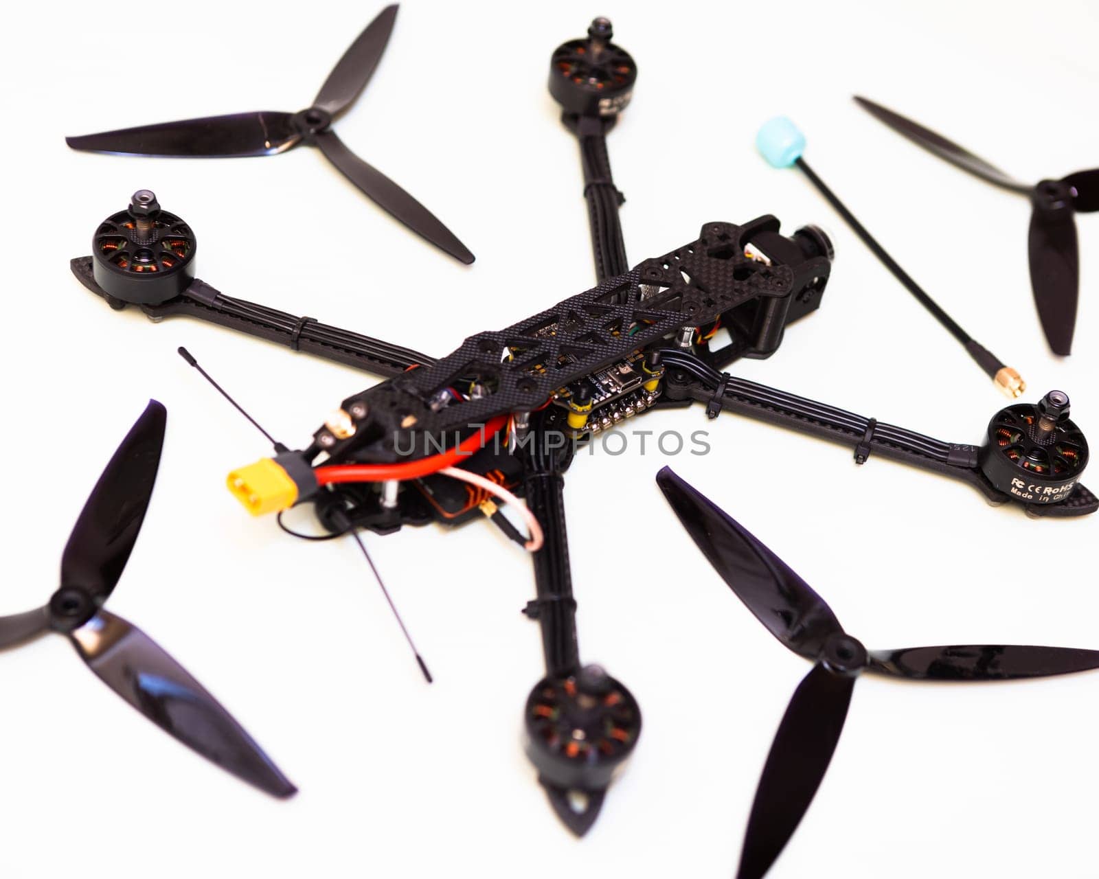 FPV drone in production on white background