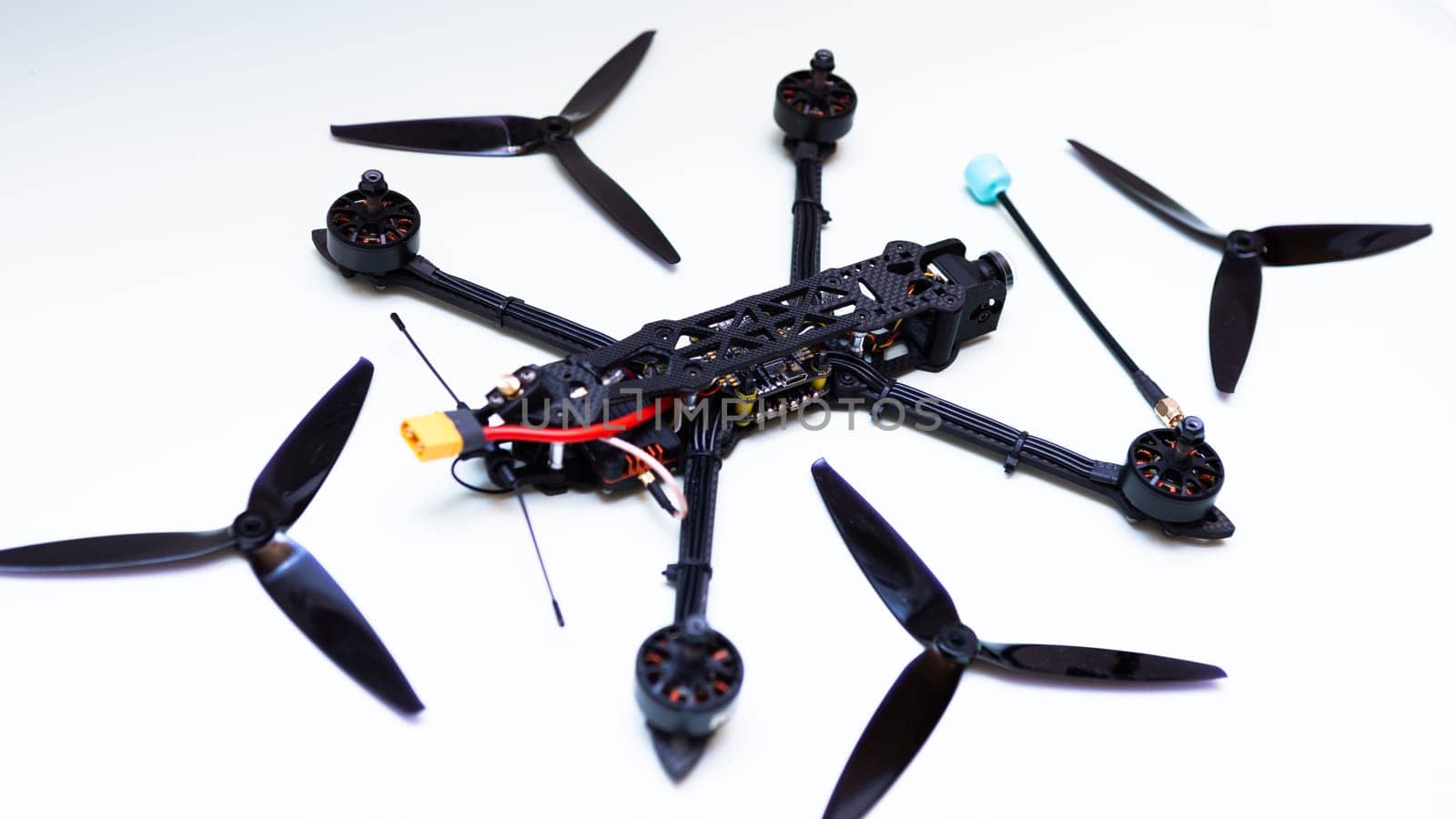 FPV drone in production on white background