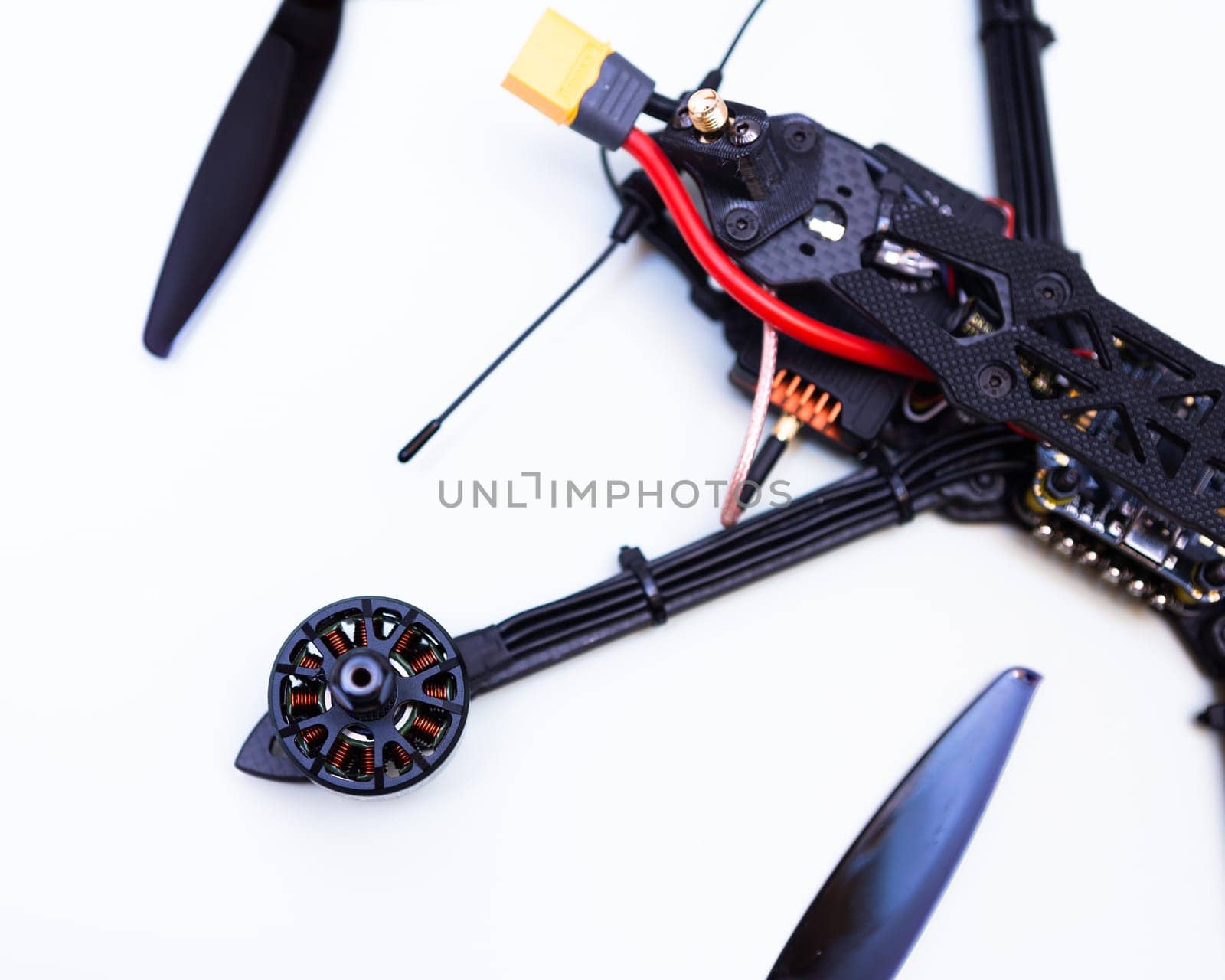 FPV drone in production on white background