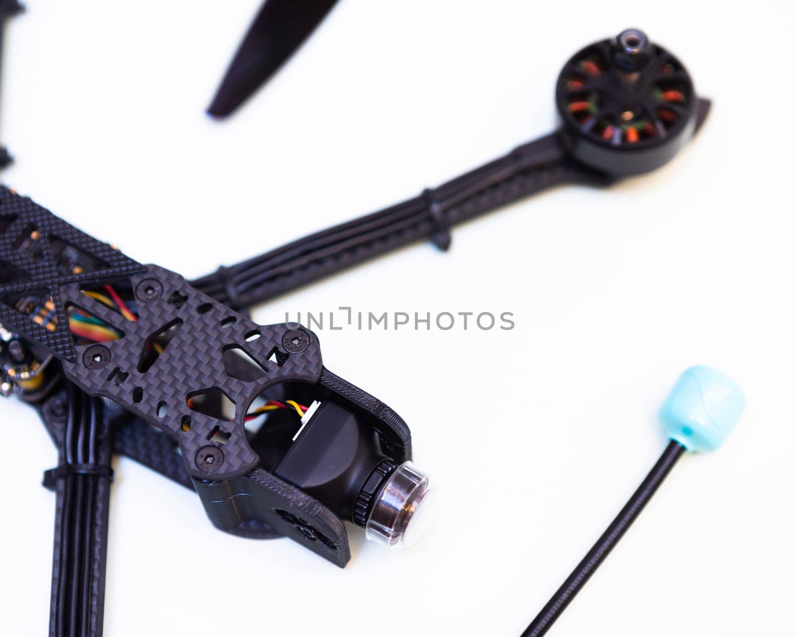 FPV drone in production on white background