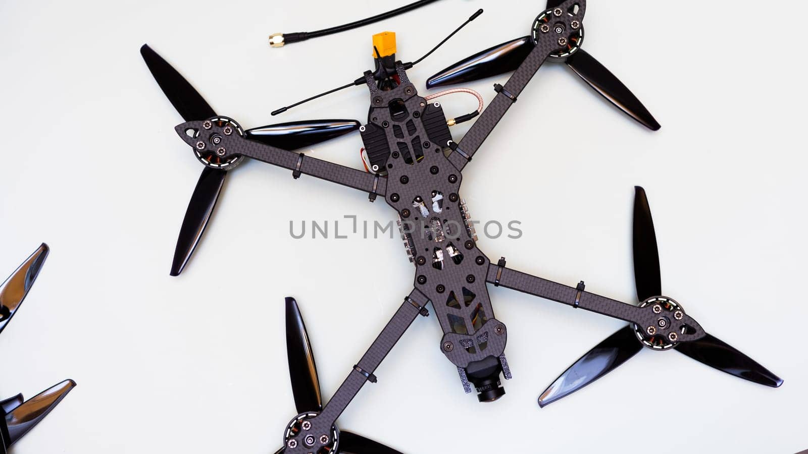 FPV drone in production on white background