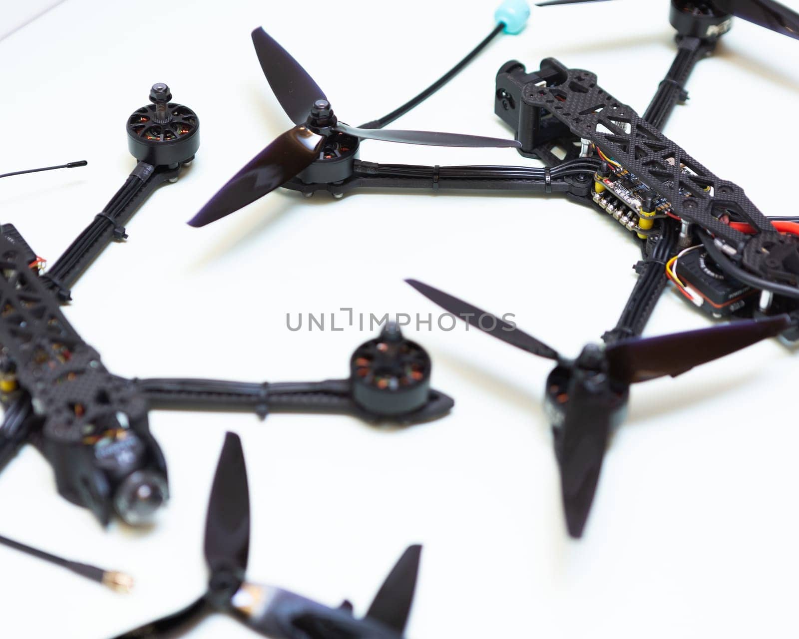 FPV drone in production on white background