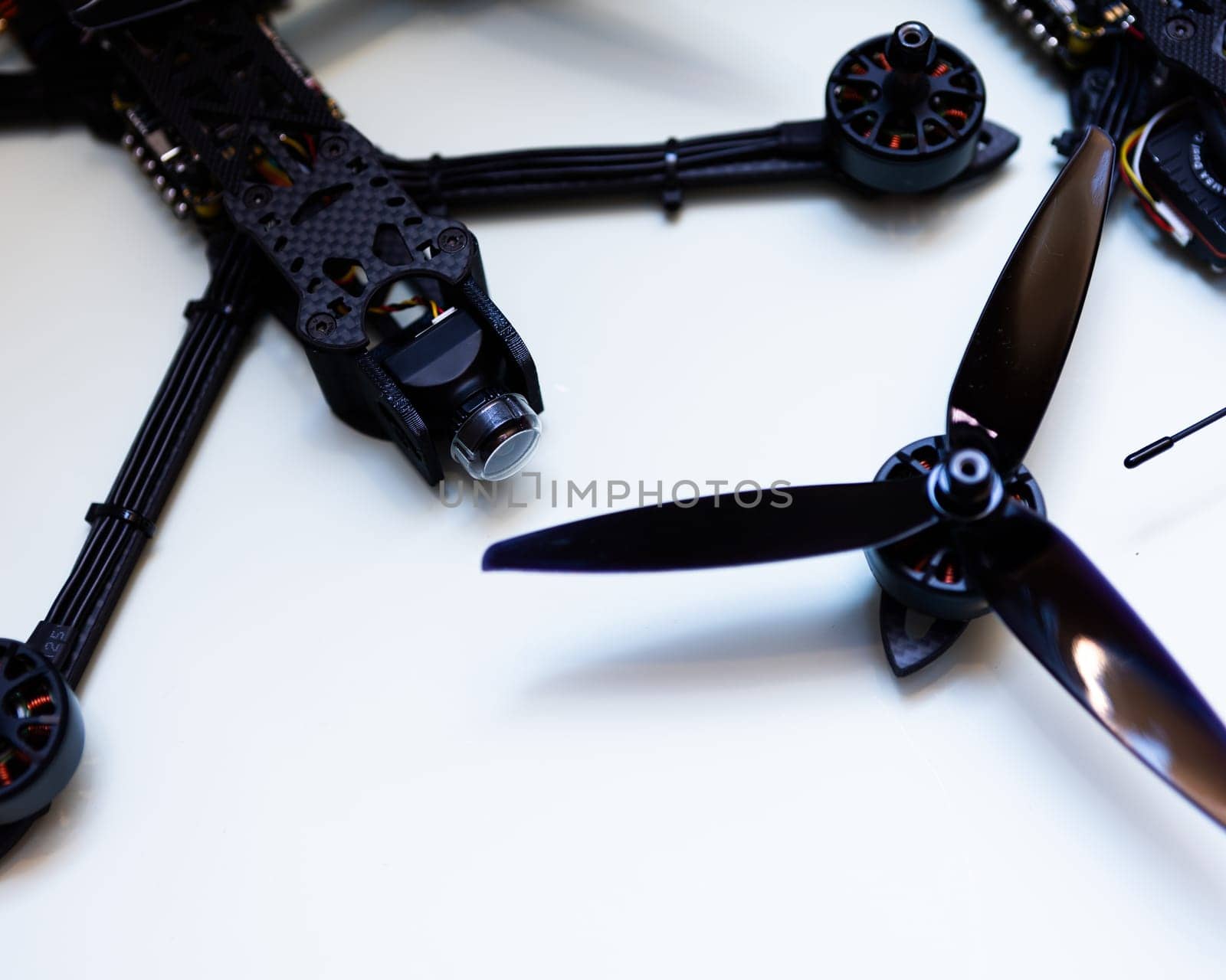 FPV drone in production on white background