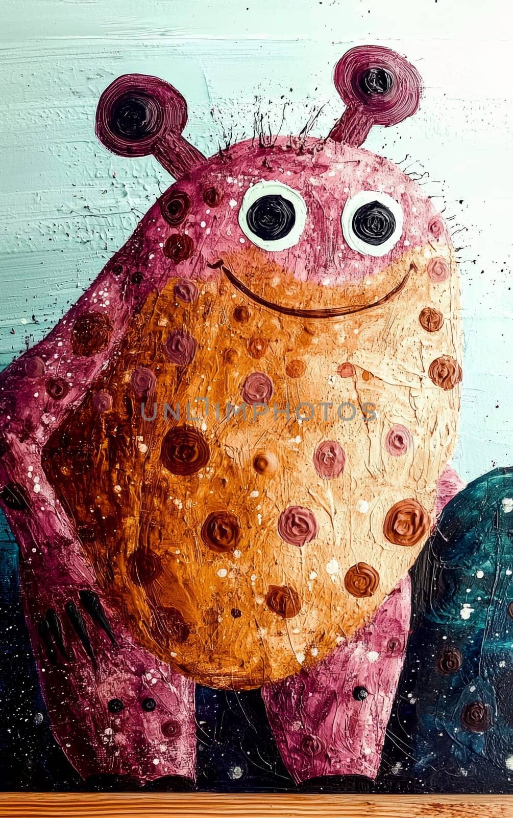 This colorful, cartoon-like monster is set against a blue and black background, with a vibrant pink and orange body covered in dark brown spots. Its cheerful smile invites imagination. The whimsical piece would be perfect for kids' illustrations or home decor.