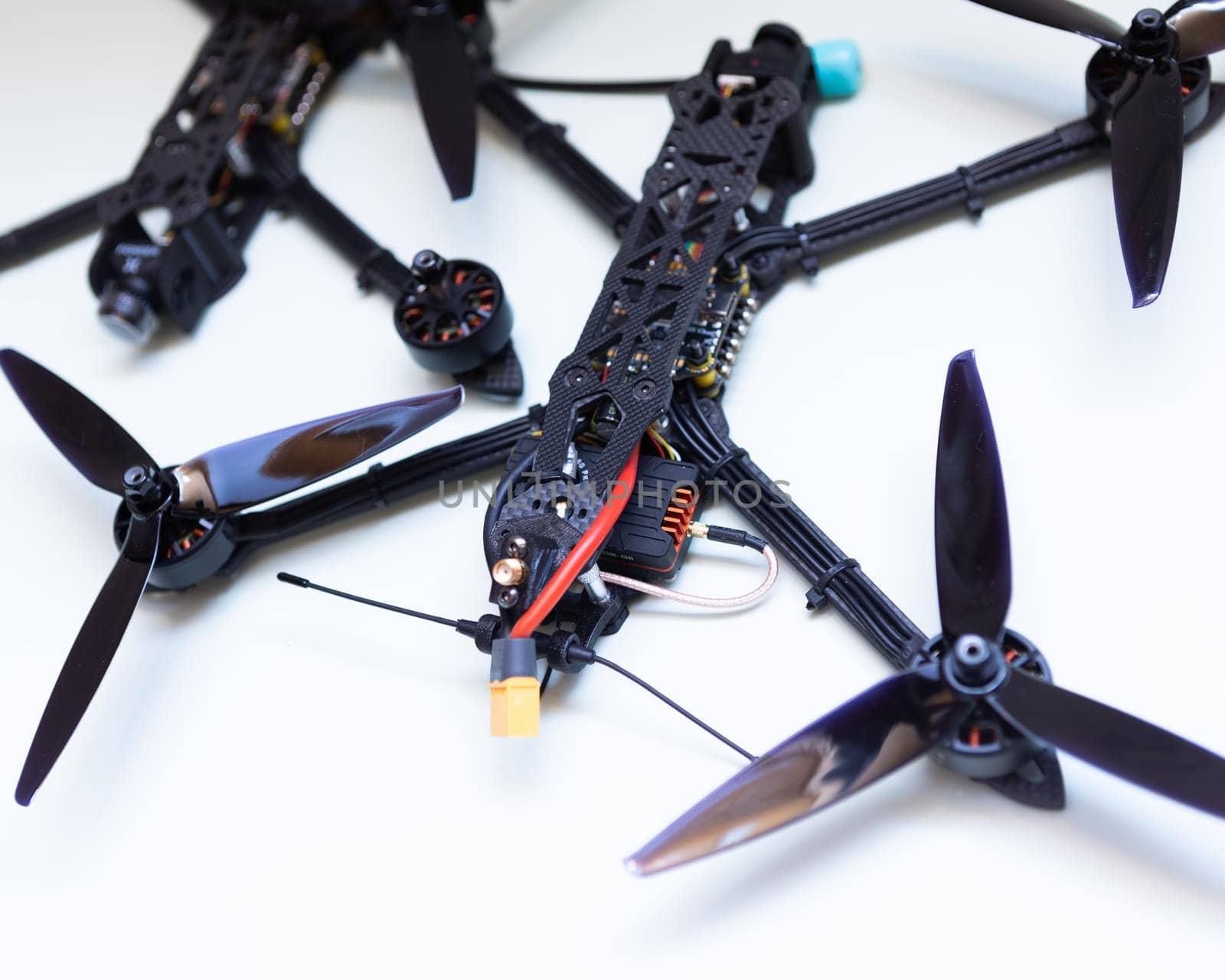 FPV drone in production on white background