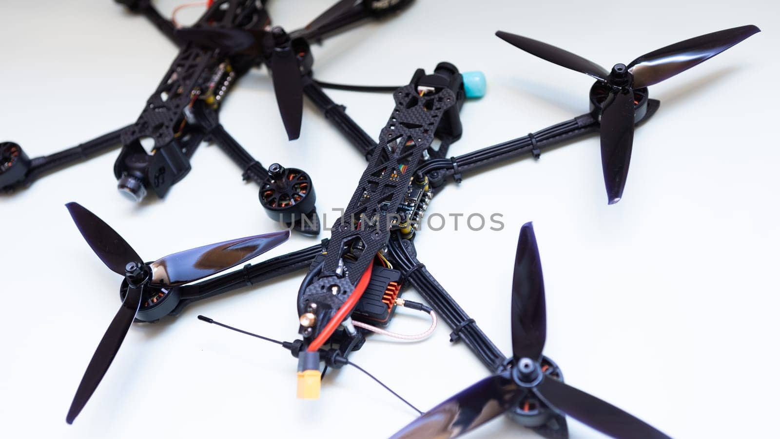 FPV drone in production on white background