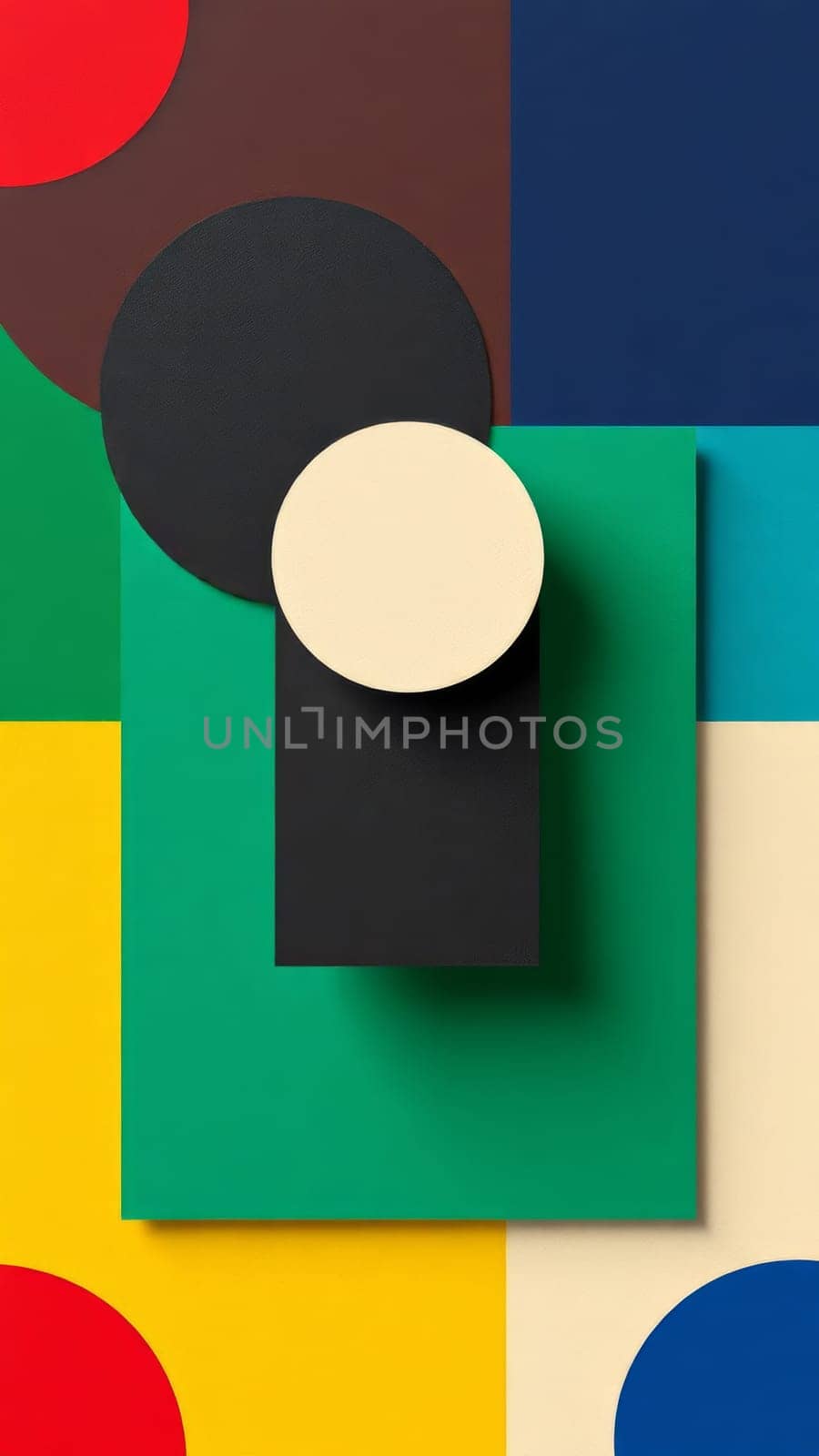 An abstract geometric composition featuring circles and rectangles in red, yellow, blue, green, brown, black, and cream. The arrangement creates a modern, visually appealing design with interesting shadows.