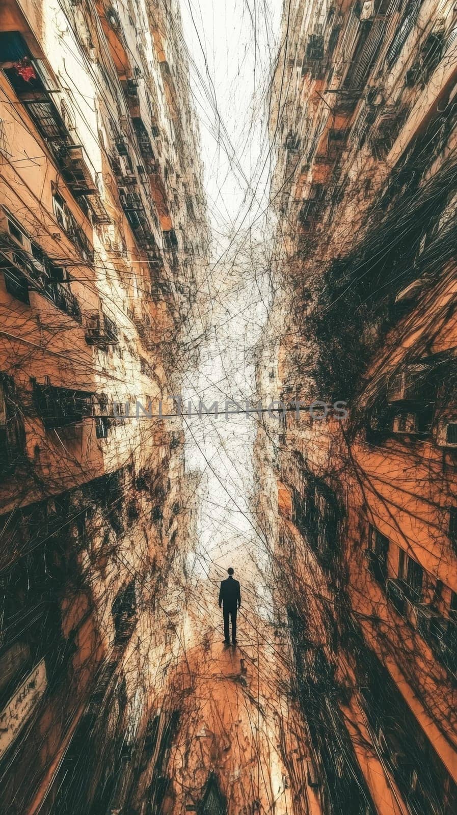 A person in a dark suit stands within a narrow space between tall structures. Lines of electrical wires and overgrown plants stretch across the sky. The scene suggests urban density and isolation.