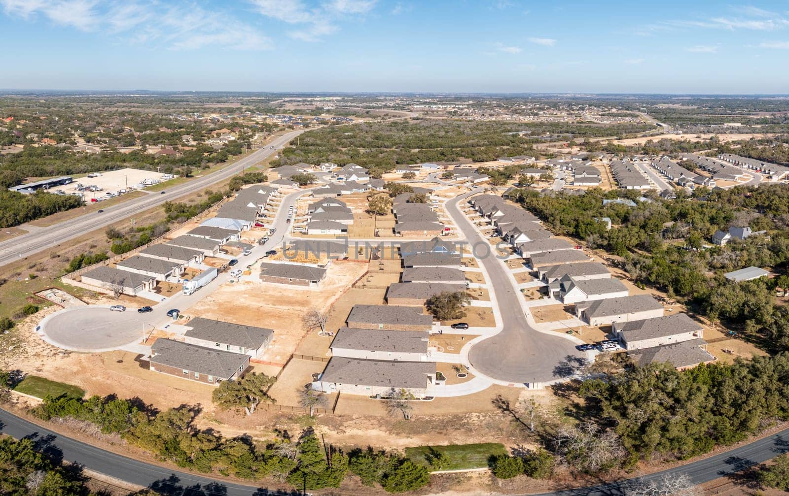 Aerial view of construction site of single family homes for senior citizen community near Georgetown, TX