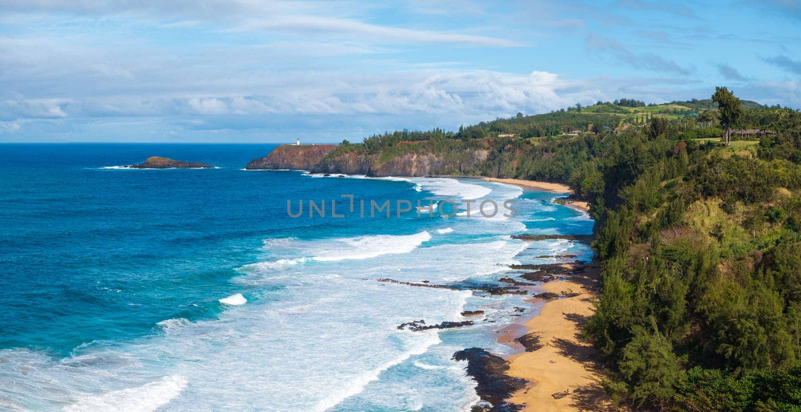 Aerial view of Kauapea Beach or Secret Beach along the coastline of Kauai to Kilauea lighthouse