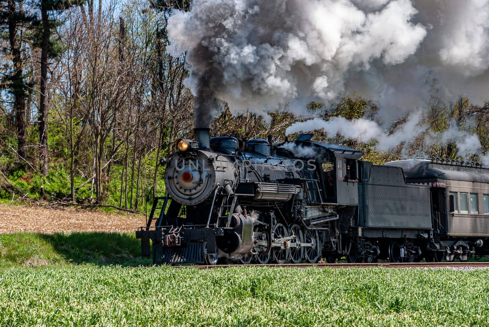 A powerful steam locomotive moves through vibrant green fields, releasing billowing smoke against a clear sky. The scene captures the charm of a bygone era in transportation.