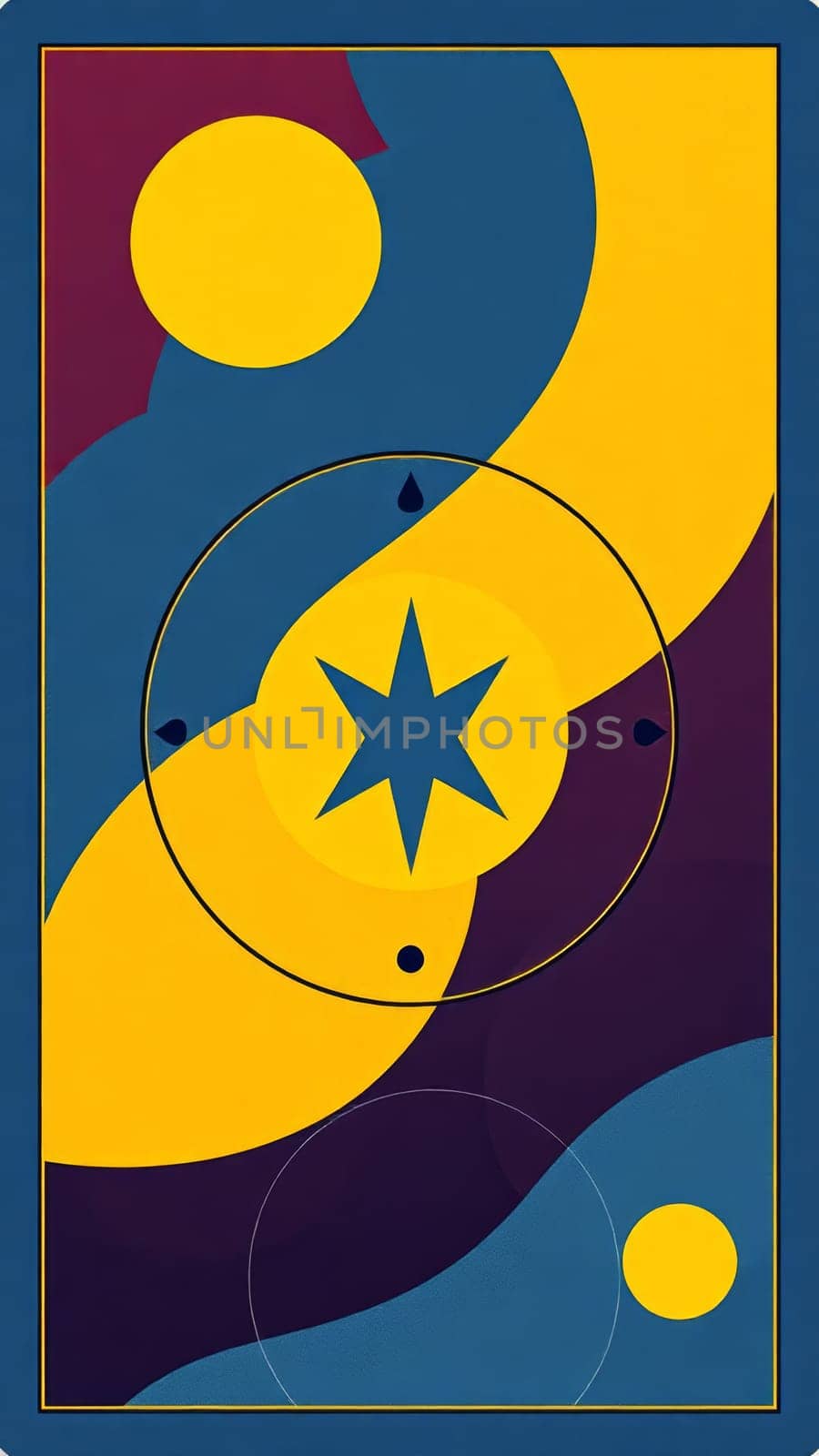 An abstract pattern with geometric shapes like circles and a star in yellow, blue, and purple tones. It looks like a tarot card. Colors swirl around the card in layers.