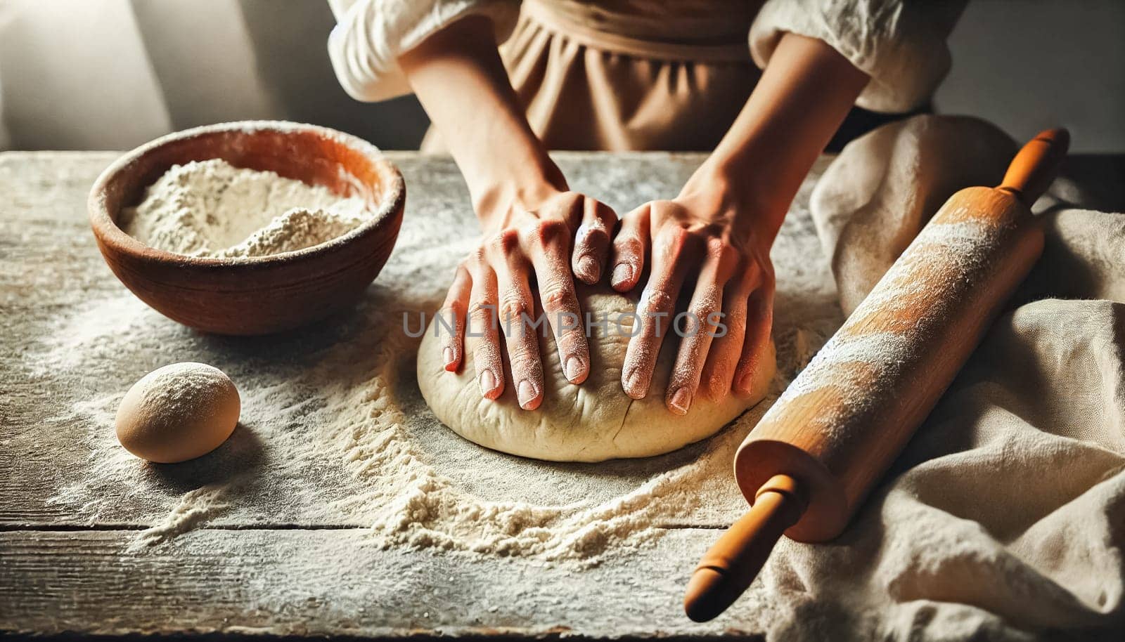 The image captures hands kneading dough on a lightly floured surface. Muted earthy tones, soft natural lighting, and a wooden rolling pin bring warmth and texture to the kitchen setting.