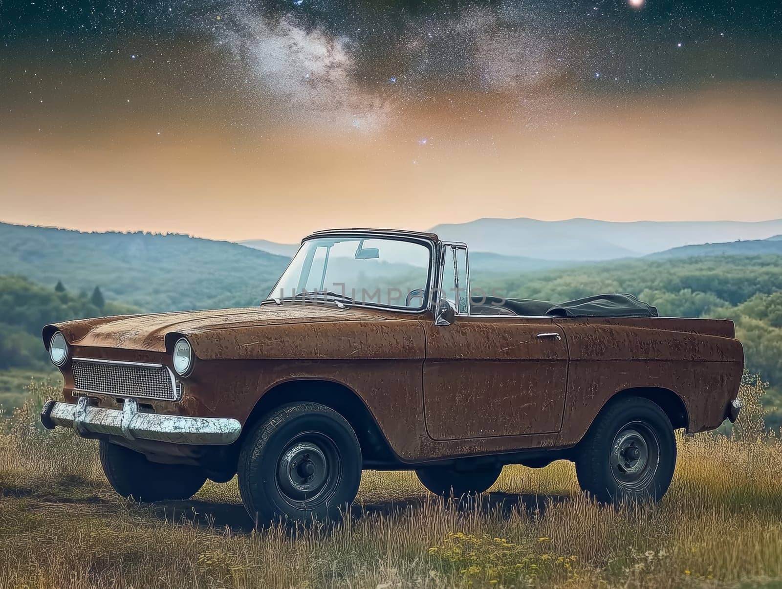 This image portrays a vintage convertible car parked in a grassy field against a serene landscape of distant mountains and a captivating night sky filled with stars. The car's rusty exterior adds charm.