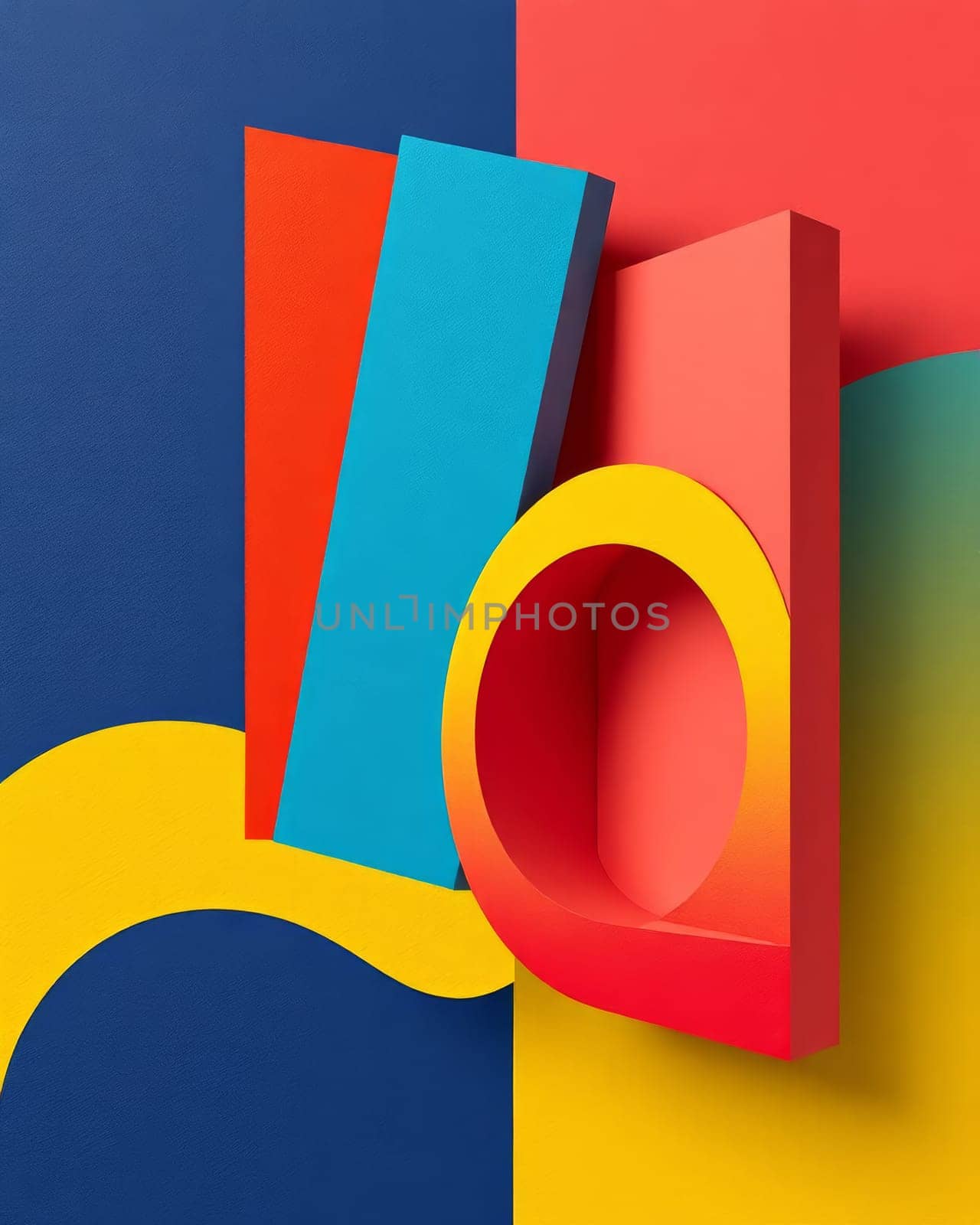 This composition highlights the interplay of geometric forms. Rectangular solids and a curved element are set against backgrounds that are divided into solid fields of blue, yellow, and red.
