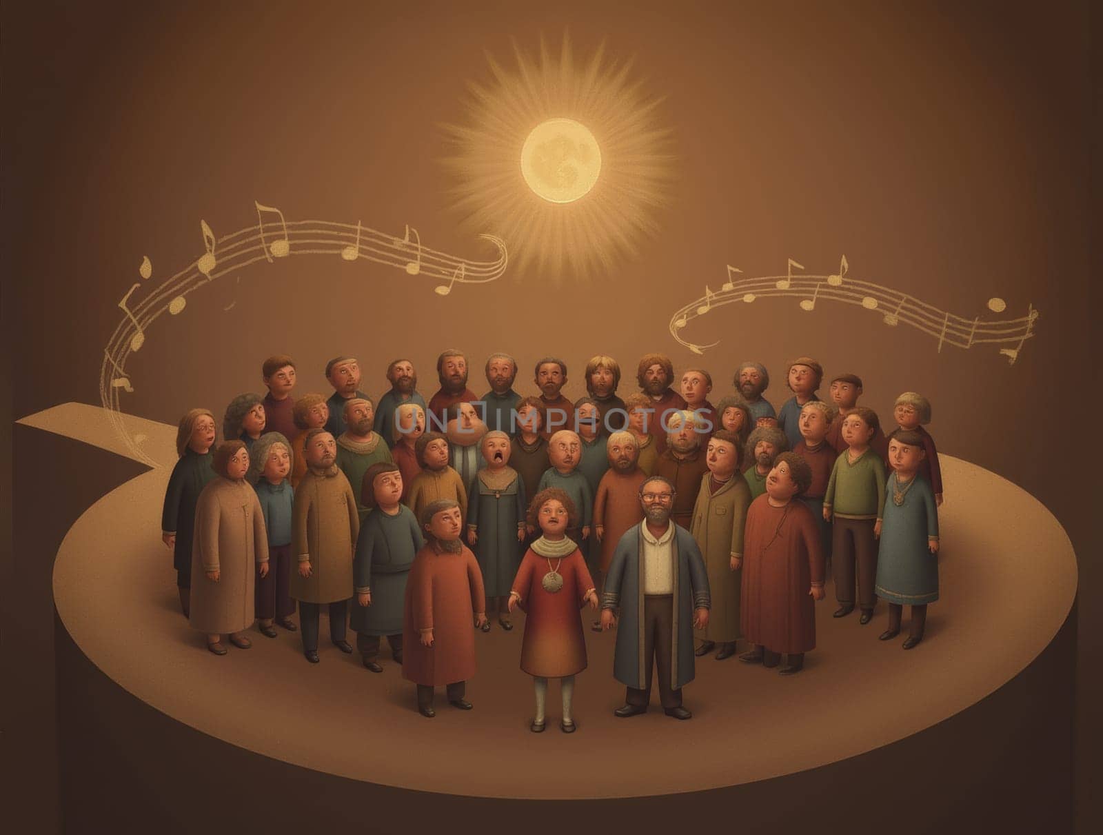 The image shows a diverse group of people singing in a choir. They are illuminated by a bright, celestial light. Musical notes hover above them, symbolizing their unified voices in song. They are on a stage.