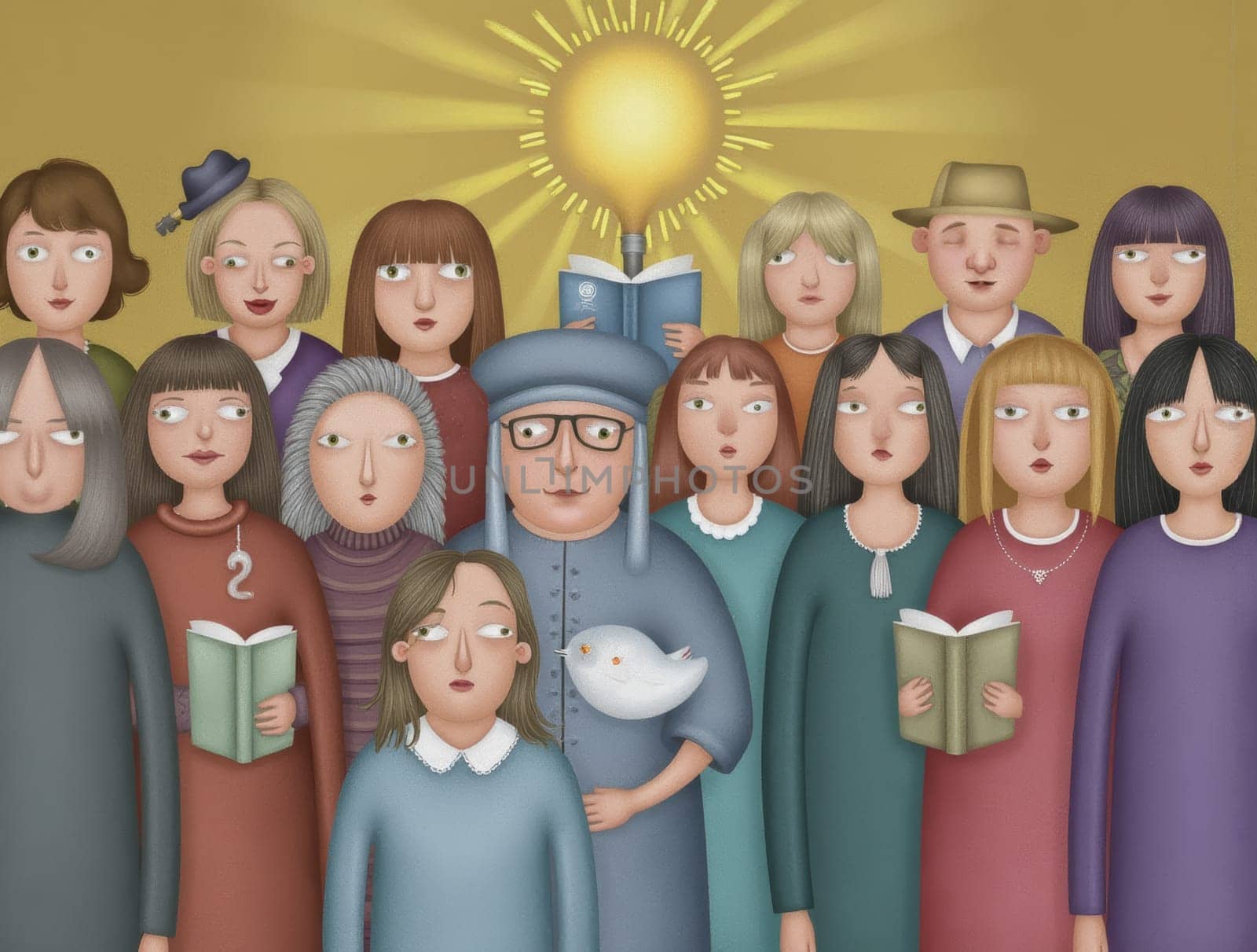 An illustration showcases a diverse group of people standing together under a radiant lightbulb, symbolizing enlightenment. Some are reading, while others look on, creating an atmosphere of learning and contemplation.