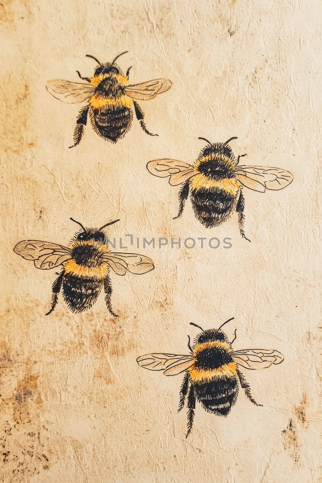 A close-up showcases four detailed illustrations of bumblebees with yellow and black stripes on a textured light cream background. Each bee is intricately designed, creating a delightful pattern.