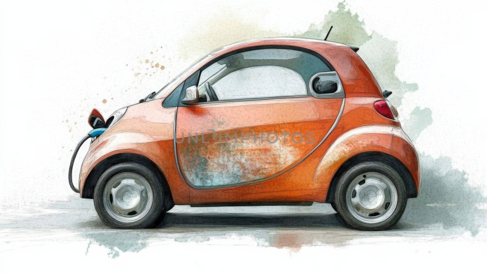 A watercolor illustration of a small orange electric car is being charged. The artistic depiction highlights eco-friendly transportation and sustainable living with a focus on efficient vehicle design.