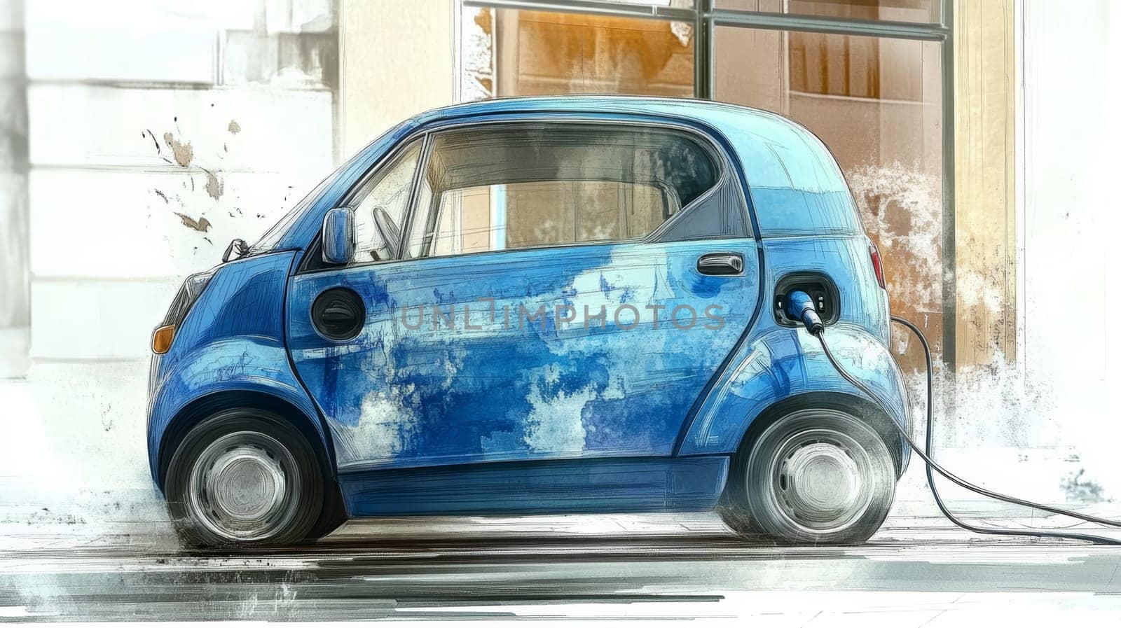 A blue, small electric vehicle is parked on a city street and is plugged into a charger. The car is parked next to a light-colored building. The illustration has an artistic, sketch-like style.