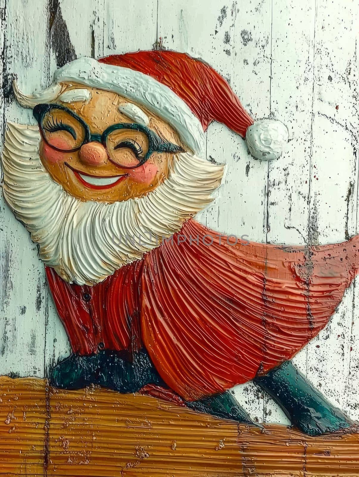 Close-up of a textured holiday character. The jolly figure is against a rustic, white-painted wooden surface. The overall aesthetic exudes a warm, whimsical holiday spirit.
