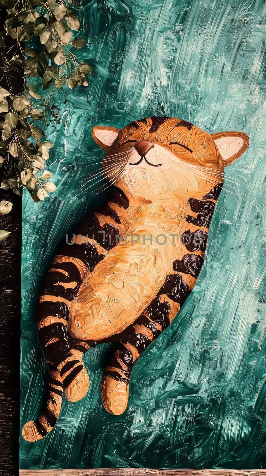 A serene painting features a tabby cat, basking in blissful slumber. With eyes closed and a peaceful smile, the feline rests against a brush-stroked teal and white backdrop.