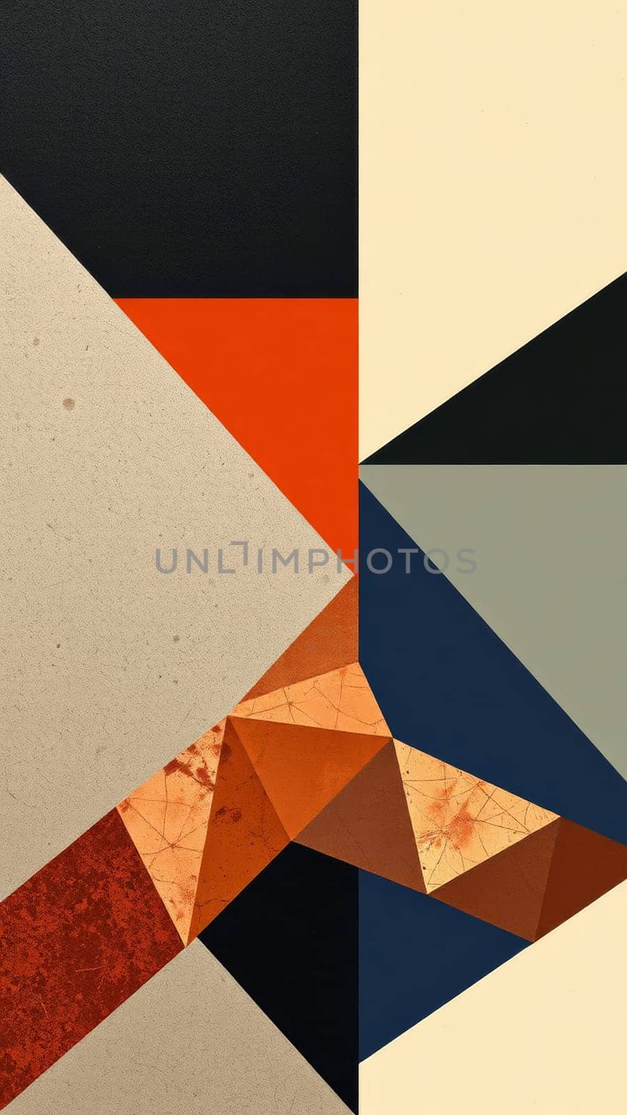 This abstract artwork showcases intersecting geometric shapes, primarily triangles and polygons. The composition features a blend of textures and a color palette dominated by warm hues. The artistic style lends itself to a modern aesthetic.