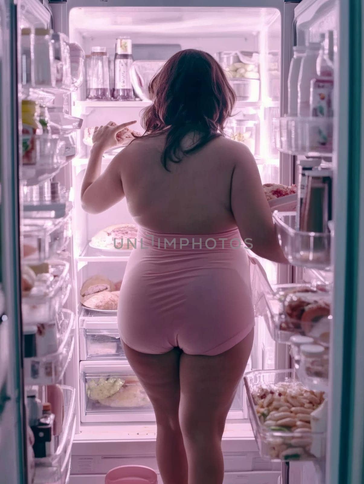 Inside the soft glow of an open refrigerator, a woman, viewed from behind, is choosing a snack in the kitchen. She's in pink lingerie, illuminated by the fridge's bright interior.